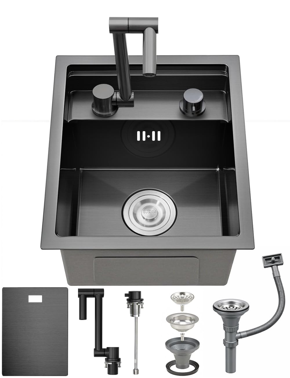 Ribanedy Black-Grey Hidden Single Bowl Kitchen Sink, 35x45cm, Stainless Steel Undermount Bar/Campervan Sink for Camping and Small Spaces