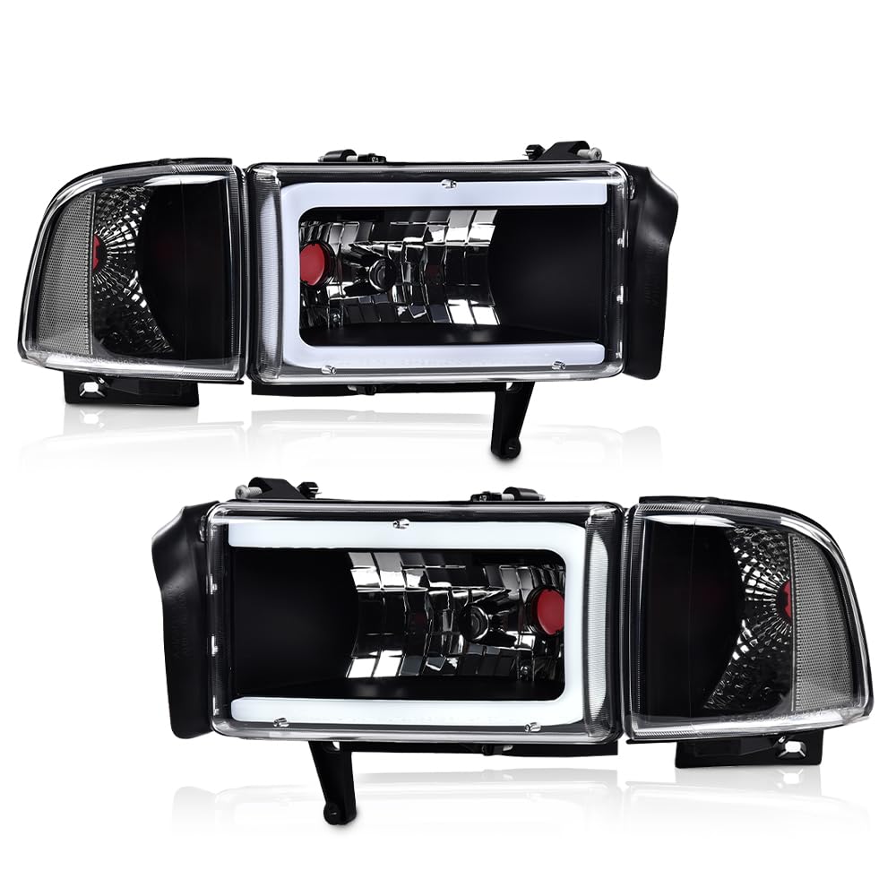 G-PLUS LED Light Strip Headlights w/o Bulbs Fit Dodge Ram 1500 1994-2001/Dodge Ram 2500 3500 1994-2002 Clear Lens Black Housing Clear Reflector Bumper Headlamps,faros delanteros Assembly