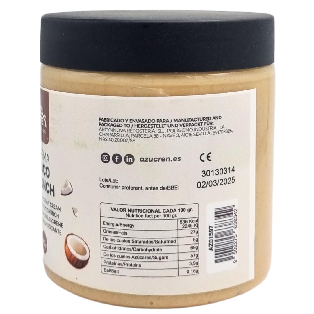 Azucren, Crema de Coco para Untar con Crujiente de Avellana, Crema para Rellenar Tartas, Perfecta para Combinar con tus Desayunos, Meriendas y Aperitivos, Prepara Helados con Coco Crujiente, 300 G