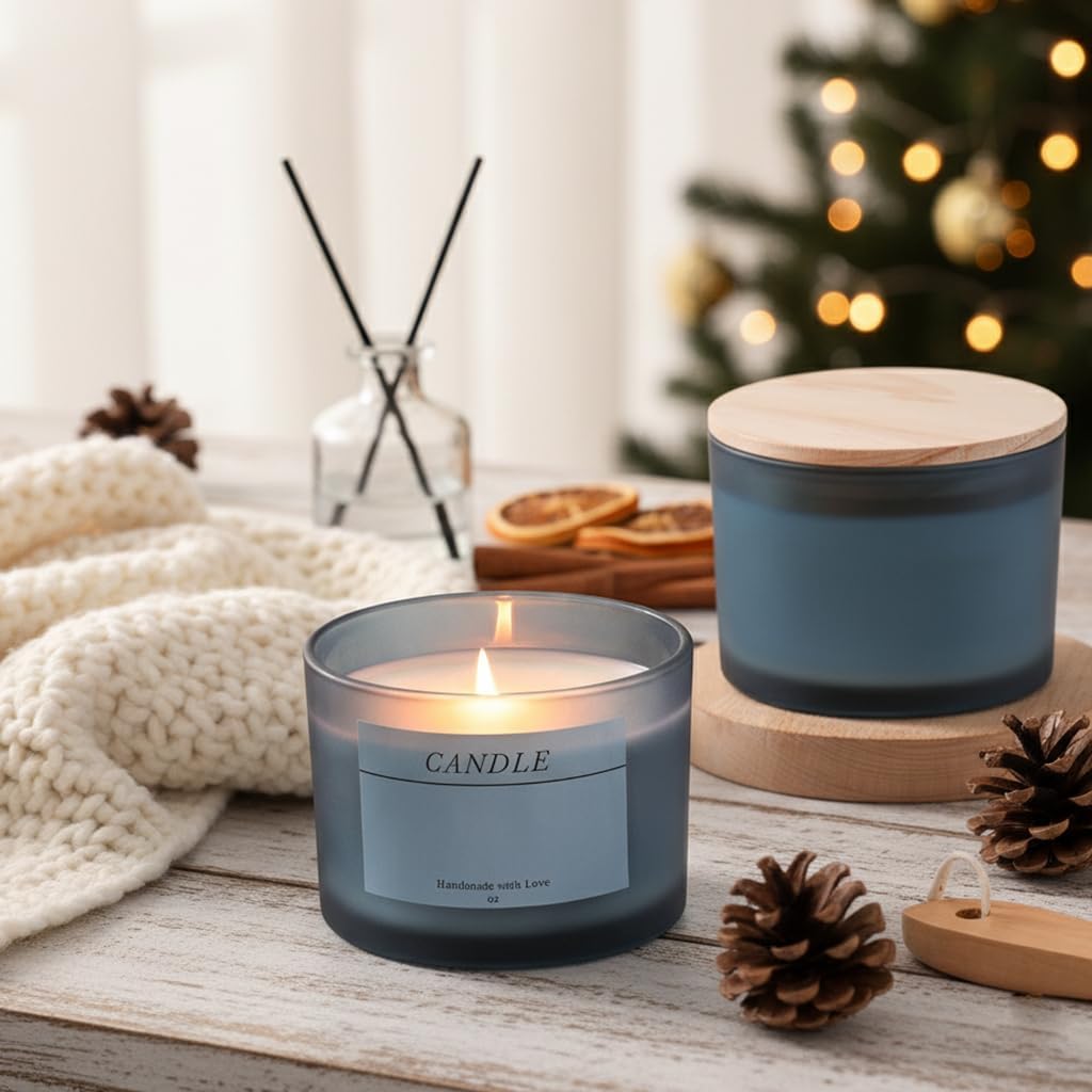 LAMORGIFT 6 Pack 16 OZ Blue Glass Candle Jars, Large Candles Jars for Making Candles, Frosted Candle Containers Vessels Bulk with Lids and Labels for DIY/Home Decor/Holiday Gift Crafting