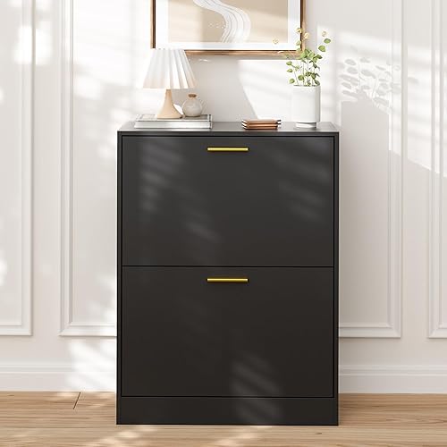 Miniatura 8 de LYNSOM Juego de 2 zapateros, organizador de zapatos con 2 cajones abatibles, moderno almacenamiento de zapatos de entrada con pantalla superior,