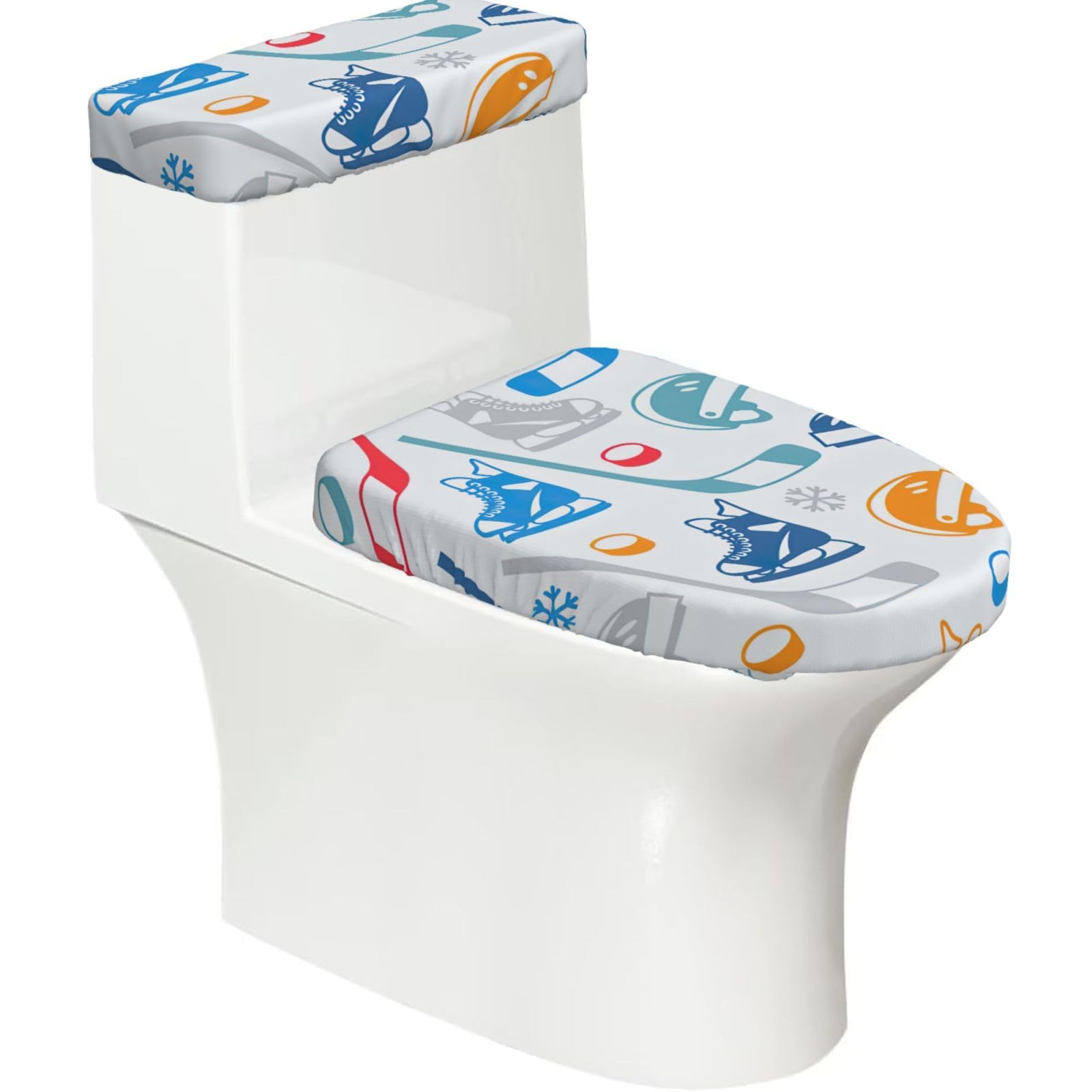 Hockey Elements Creative Patterned Printed Toilet Tank and Lid Cover Set of 2 for Most Bathrooms, Fits Elongated Round Toilets