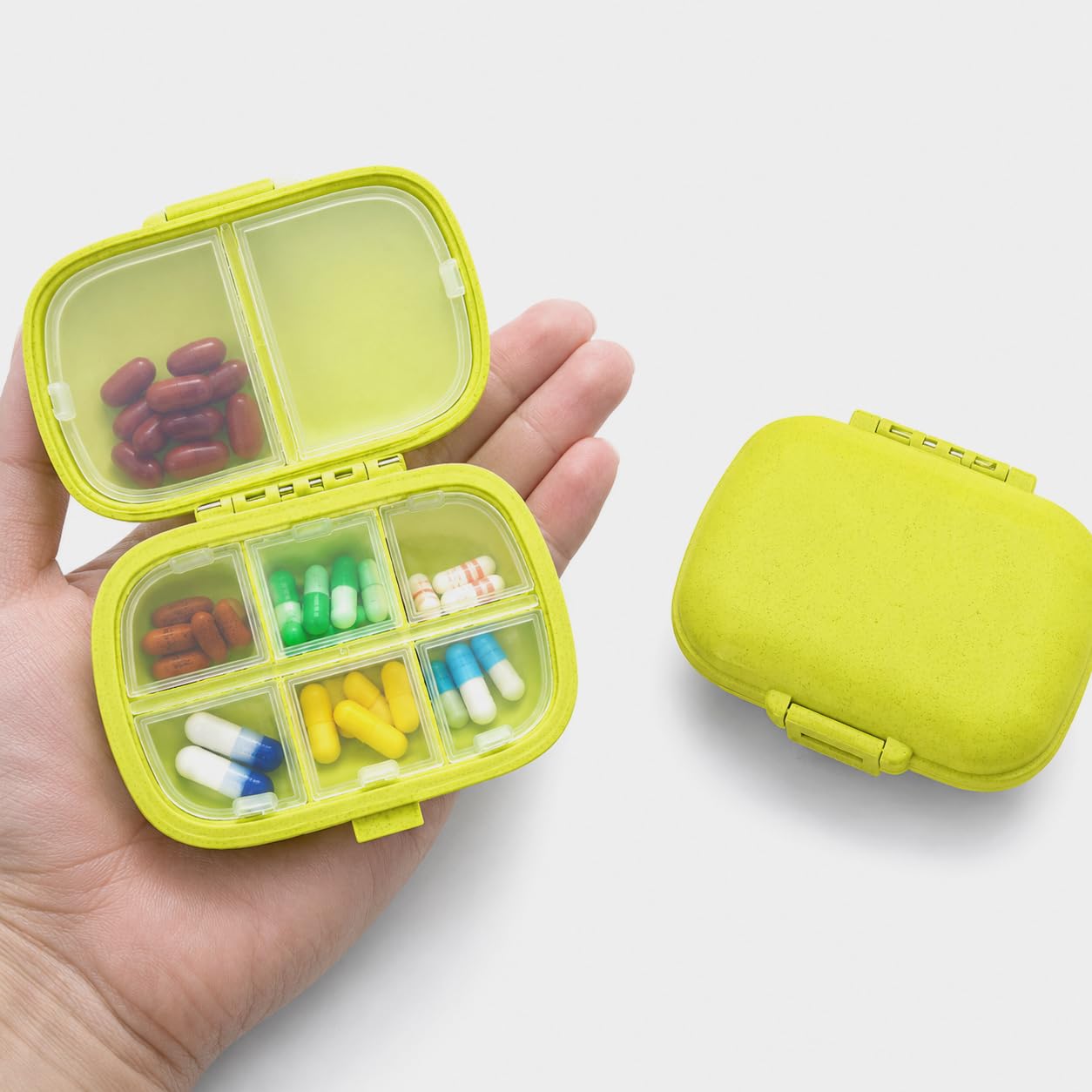Sumiko Portable Empty First Aid Medicine Tablet 8 Compartments Portable Pill Case | Plastic Small Size Mini Travel Medicine Pouch Waterproof Seal Handy Pills Pocket for Travels & Gifts (Neon)-image-3