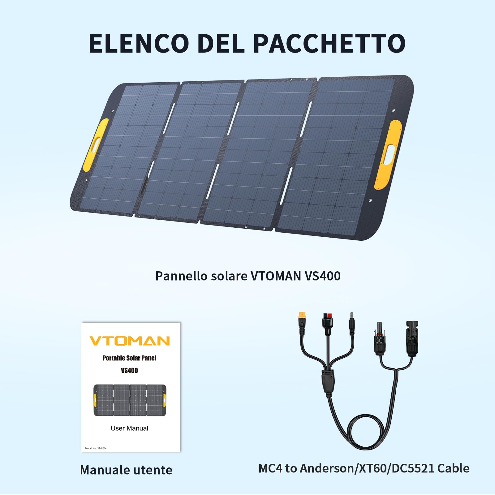 VTOMAN VS400 Pannello Solare Portatile 400W 43V, 25% Efficienza Pannello Solare Pieghevole/IP67 Impermeabile con Adattatori Anderson XT60 XT90 DC5521, Piedini Regolabili(Adatto per FlashSpeed 1500)