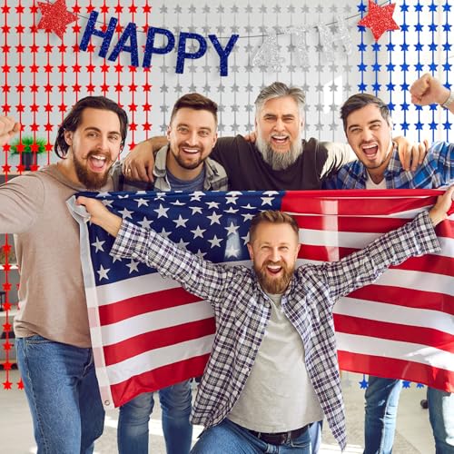 Image of Tingjoo 3 Pack 4th of July Decorations 3.3 x 6.6 ft Patriotic Star Streamers Red Blue and Silver Tinsel Foil Fringe Curtains Decorations Backdrop for Independence Day America Memorial Day Labor