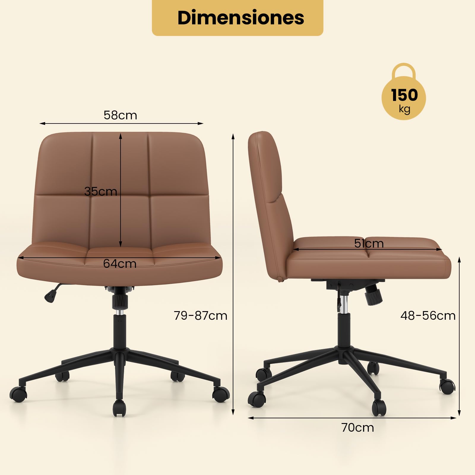 COSTWAY Silla Escritorio sin Brazos, Tapizada de Cuero de PU, Silla Oficina con Ruedas, Inclinable y Altura Ajustable, Silla Tocador Estudio Dormitorio Oficina, 70 x 70 x 79-87 cm (marrón)