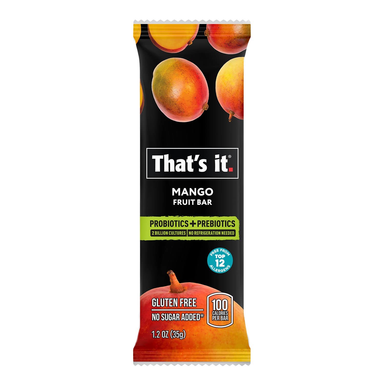 That's it. Probiotic Fruit Bar Variety Pack, Mango & Blueberry Flavors, Just Real Fruit + Probiotics, 100 Calories Per Bar, All Natural, 2-3 Ingredients, Shelf Stable, Allergy-Friendly (12 Count): Mango