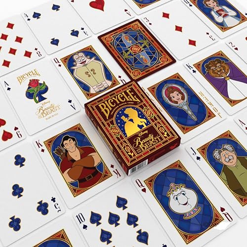 Image of Bicycle Disney Beauty and the Beast Playing Cards Belle Beast Collectible | Gold-foiled tuck case, Custom court cards with Belle Beast Mrs Potts and Lumiere, Enchanted rose back, Made in USA