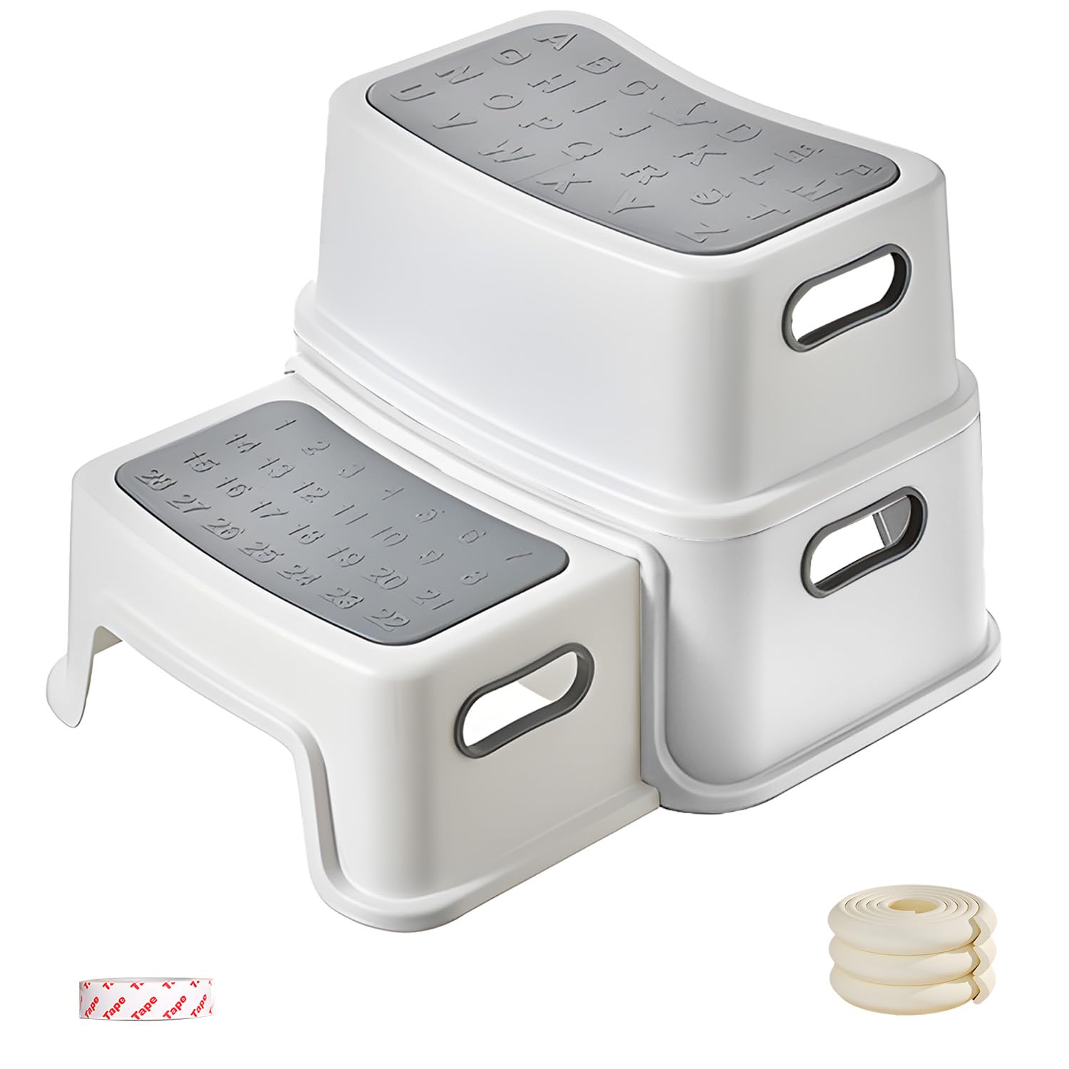 Taburete infantil 2 niveles protección cantos 1 m pies antideslizantes antivuelco peldaños perfilados para baño aseo cocina habitación infantil pálido