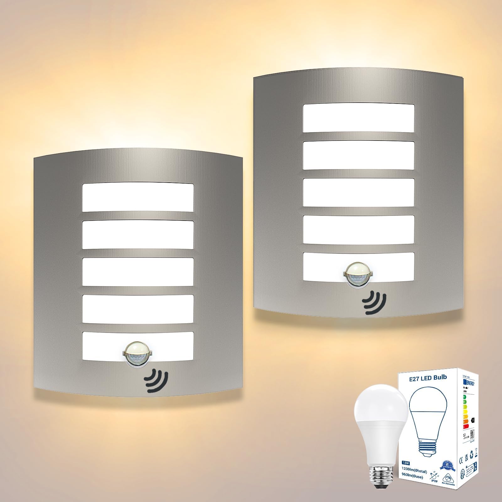 Unikcst 2X Outside Lights with Sensor IP44 Waterproof Outdoor Wall Light Mains Powered Stainless Steel Exterior Wall Sconce for Front Door Porch, Incl. 12W E27 Bulbs Warm White