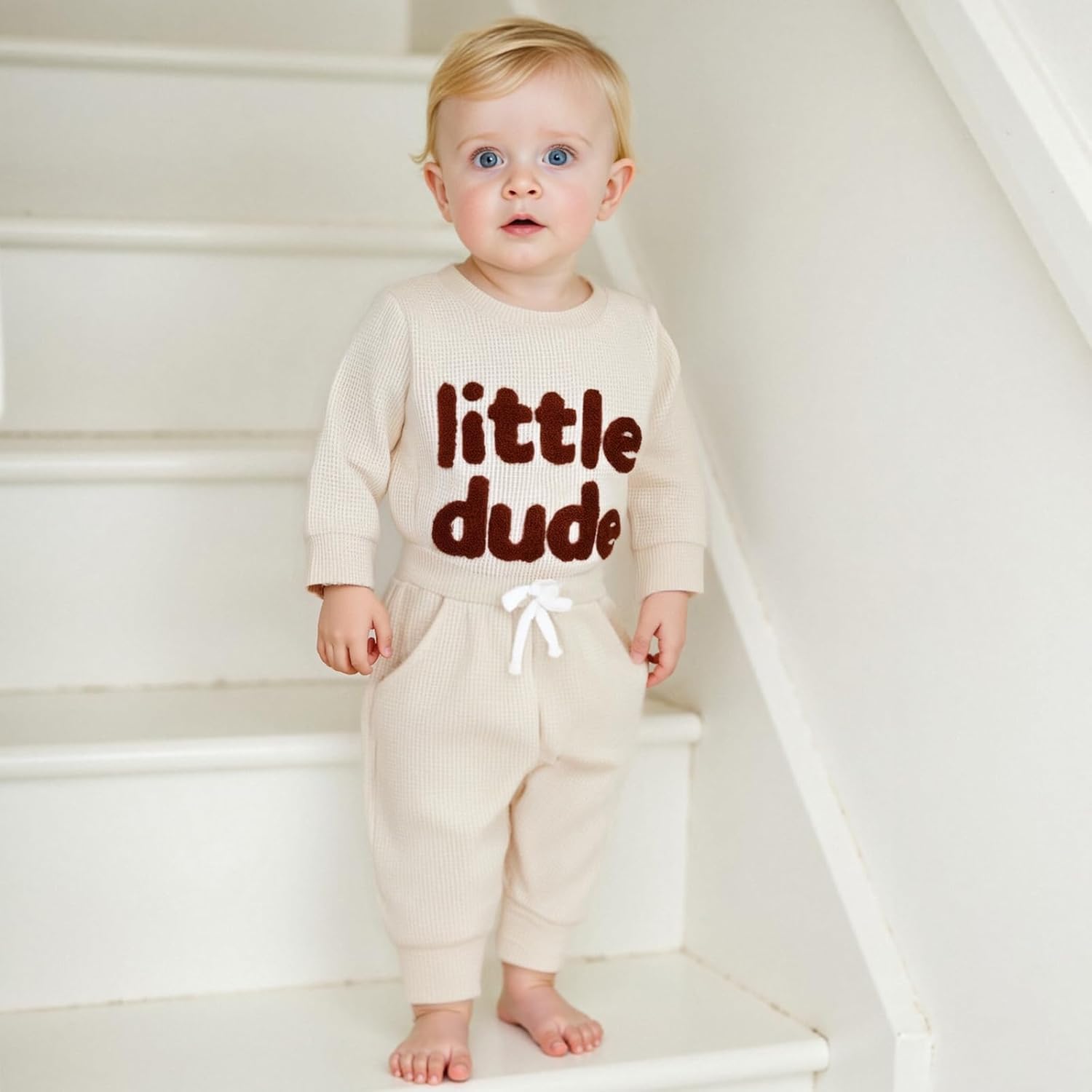 FOMOYUU Newborn Baby Boy Clothes Waffle Letter Embroider Long Sleeve Romper Pullover Tops and Pants Sets Fall Winter Outfits - Image 6