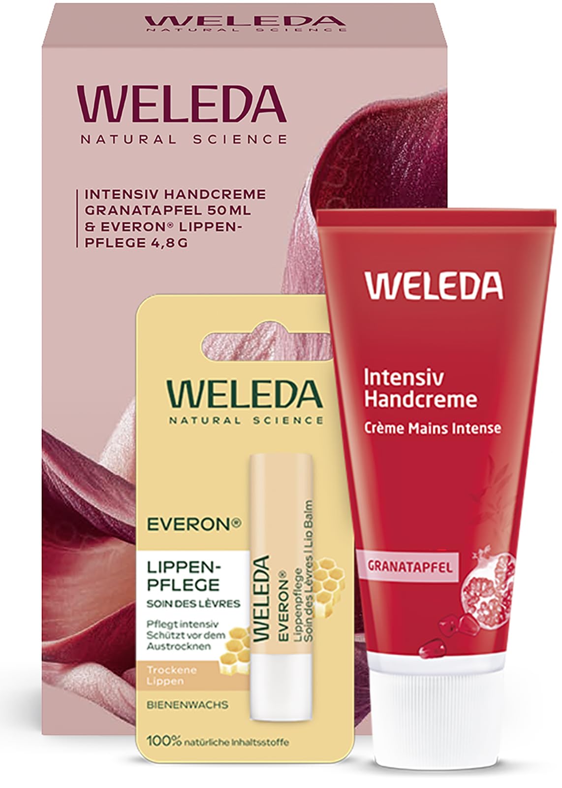 WELEDA Bio Soft Touch Handcreme & Lippenpflege Geschenkset – Naturkosmetik Geschenk Pflege Set für trockene Hände & Lippen – Feuchtigkeit Pflege Duo Granatapfel Handpflege Creme & Everon Lippenbalsam