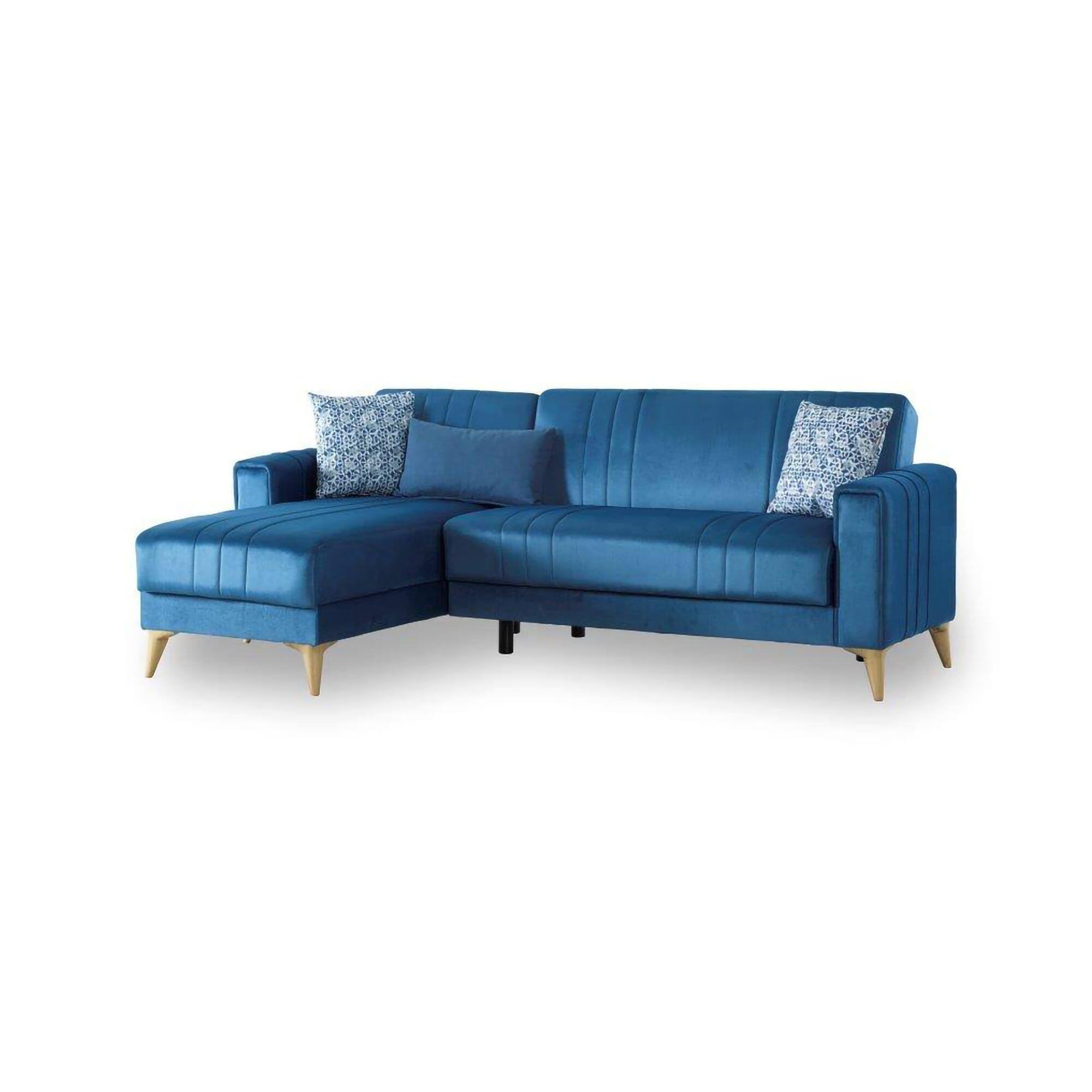 Divano Letto con penisola Miguel, Divano Contenitore ad Angolo con 3 Cuscini, Sofà in Tessuto con Apertura Click-clack, 225x151h84 cm, Blu