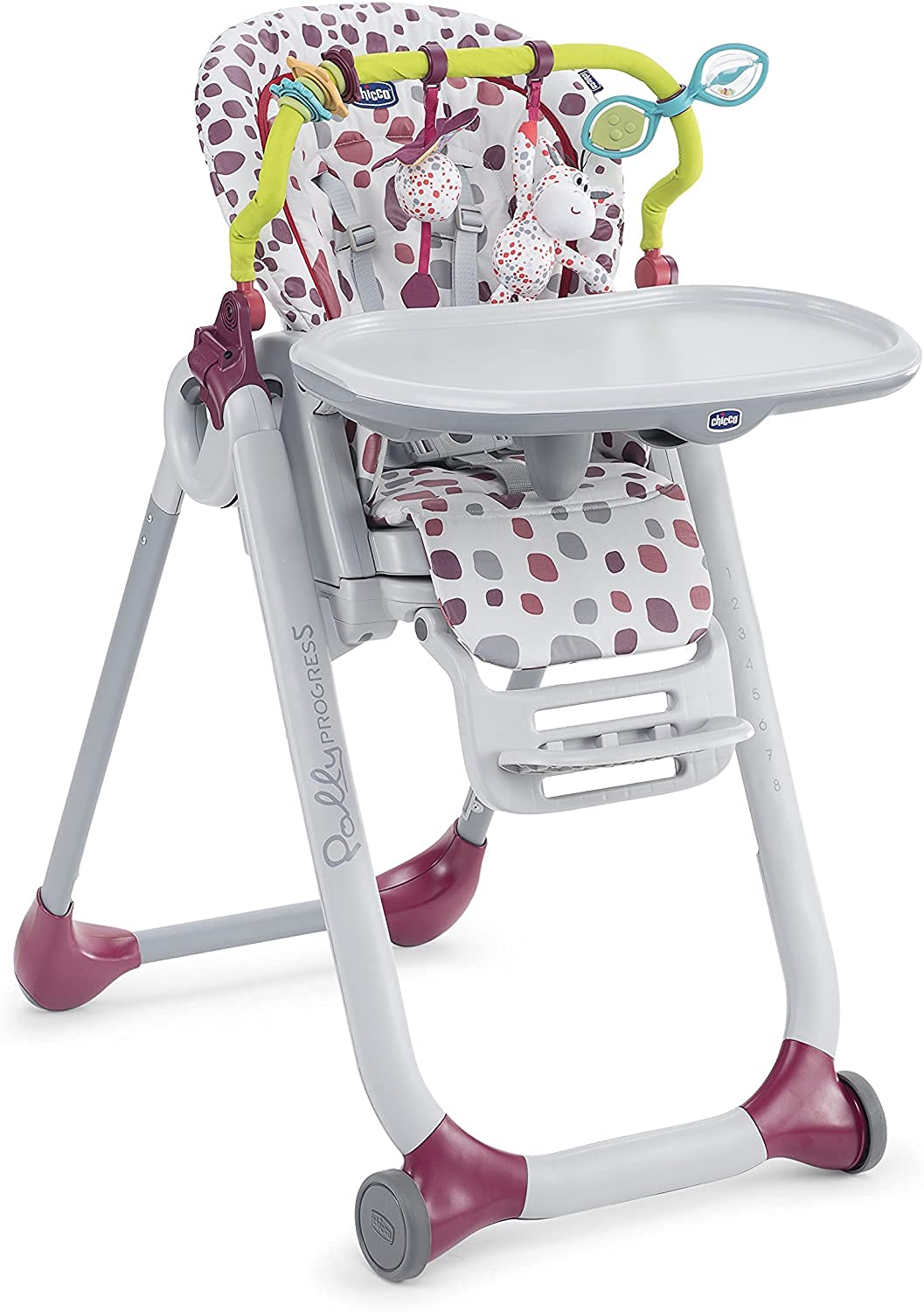 Chicco Polly Progres5 Seggiolone Pappa Regolabile per Bambini 0 Mesi - 3 Anni (15 kg), Trasformabile in Rialzo Sedia Bambini & Kit 0+; Set composto da Game Bar e Textile Reducer Rosso (Cherry)