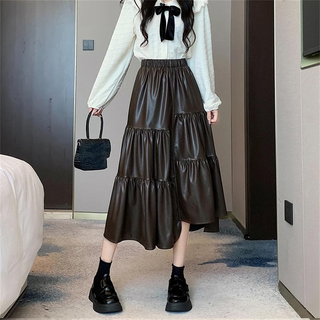 Otoño Invierno Irregular Faux PU Cuero Mujeres A-Line Falda Alta Cintura Recta Shirring Paraguas Faldas