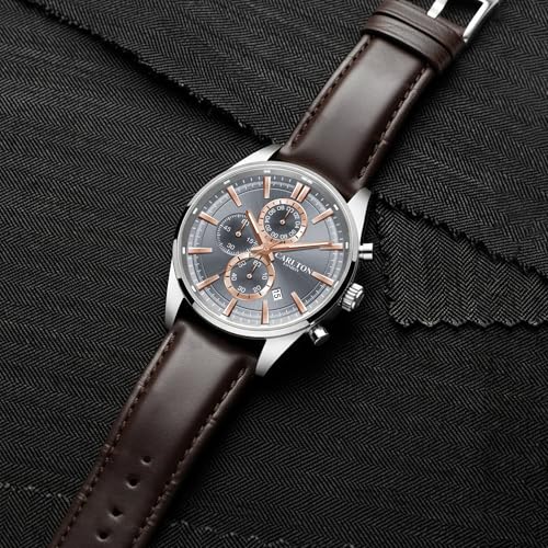 Image of Carlton London Windsor Men Analog Watch, Round Dial, Leather Strap, Quartz Movement, 43 mm Case, Slim Design, Lightweight Comfort, 30M Water Resistant, Casual Formal Wear