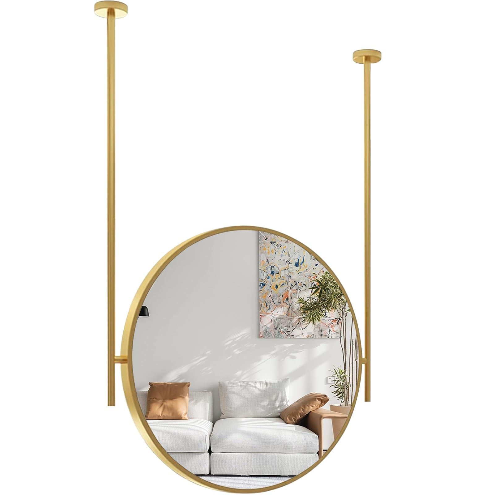 GLJTUO Modern Hanging Rod Mirror with Customizable Boom, Ceiling Floating for Home Hotel Bathroom Vanity Makeup Mirrors, Gold Metal Framed Decorative Glass Mirrors,One Color-Diameter-50CM