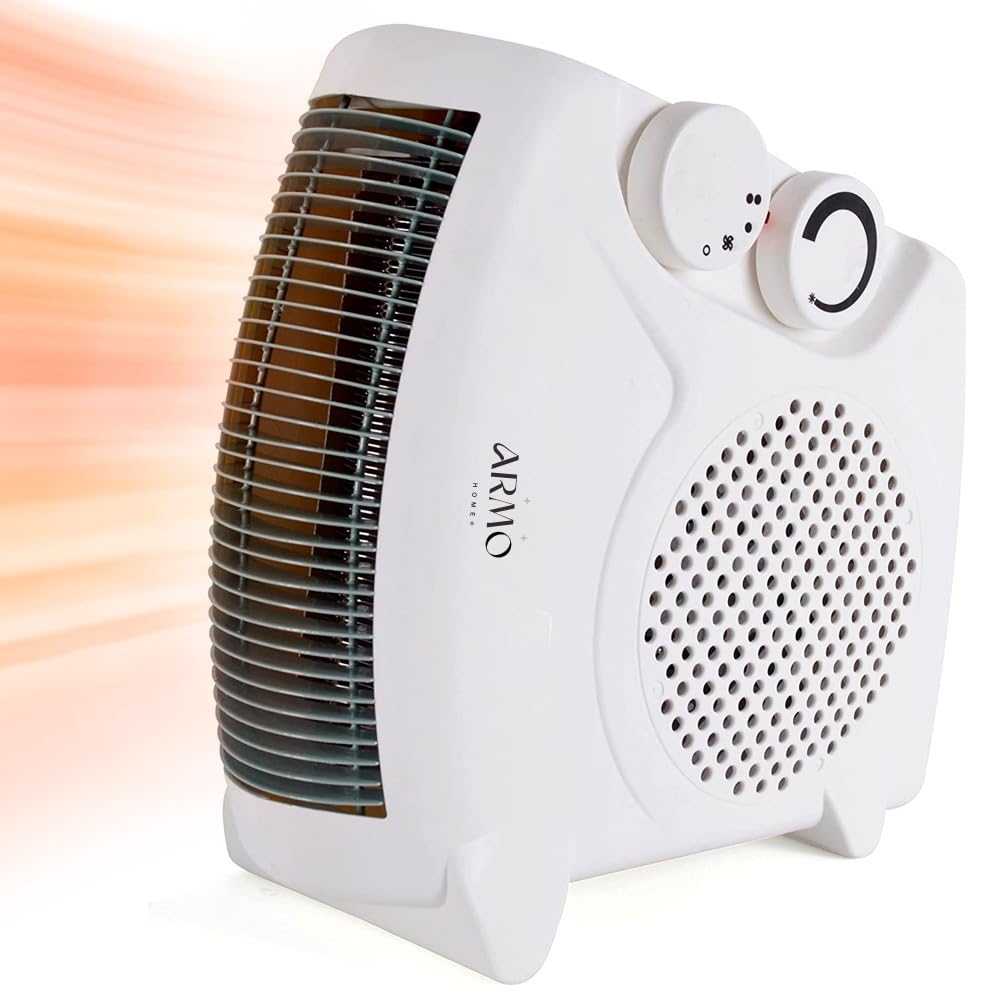 Armo 2KW Fan Heater Flatbed Fan Heater With 2 Settings And Cool Air Function Adjustable Thermostat Portable Fan Electric Fan Heating Heater (White)