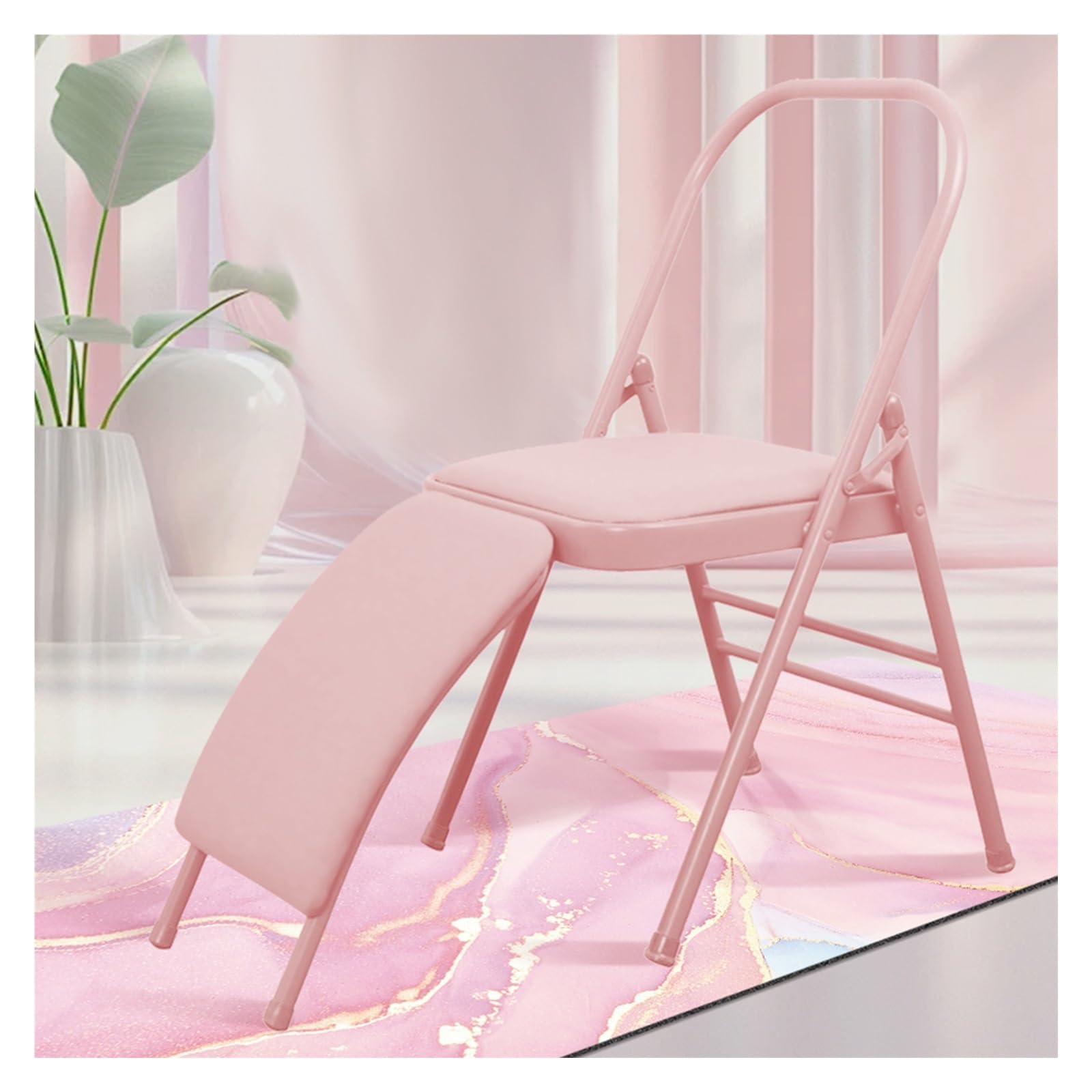 MZZKFC Pink Foldable Yoga Chair with Lumbar Back Support, Yoga Auxiliary Chair with PU Leather Cushion, Yoga Equipment for Yoga Studio/Home/Conference Room
