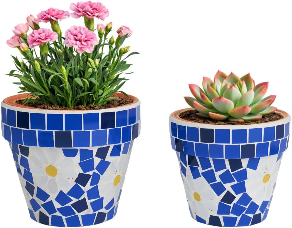 Mosaic Terracotta Planter Set (2 Pack), Handmade Glass Mosaic Terracotta Flower Pots with Drainage Plug, Blue and White Daisy Design, Decorative Planters for Indoor & Outdoor Use, Windowsill, Balcony