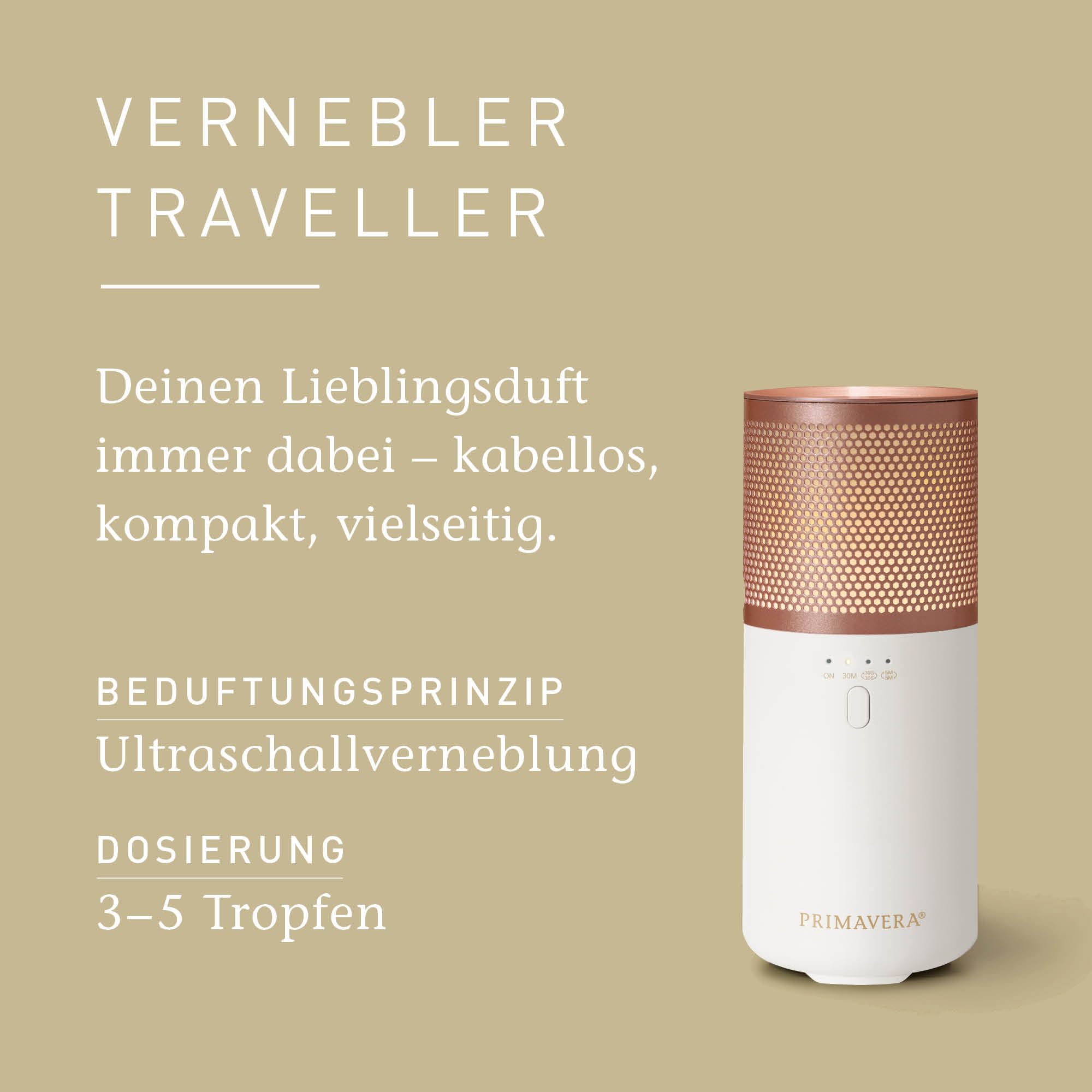 Primavera Aroma Vernebler Traveller – kabellos, kompakt, vielseitig – elektrische Duftlampe, Diffuser, Raumduft – für ätherische Öle und Duftmischungen – Aromatherapie