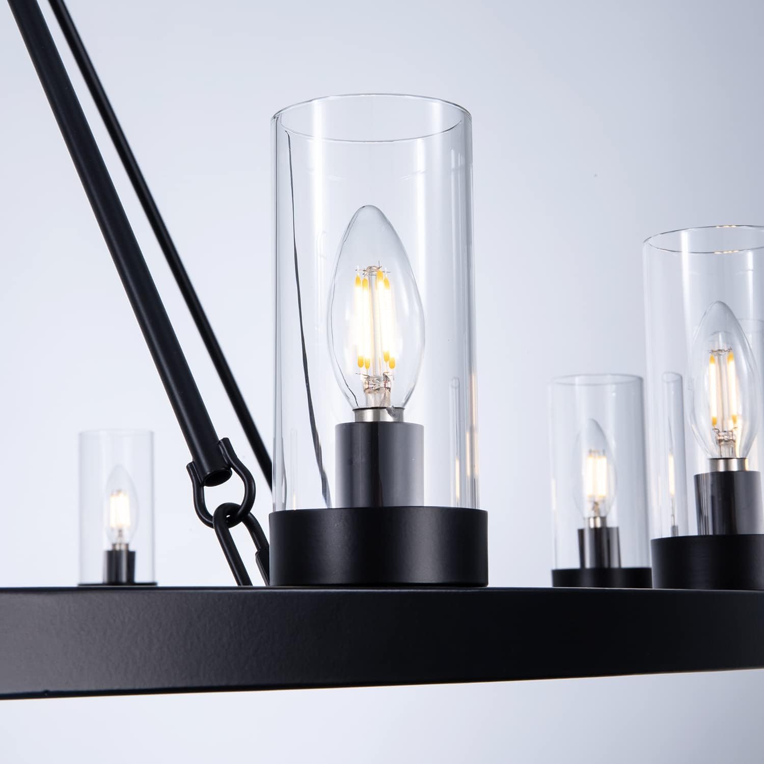 Wellmet Black Chandelier for High Ceilings, 62 Inch Farmhouse Round Living Room Chandeliers Lighting Fixture Hanging, Wagon Wheel Chandelier with Glass Shade for Foyer, Dining Room, Staircase,Entryway