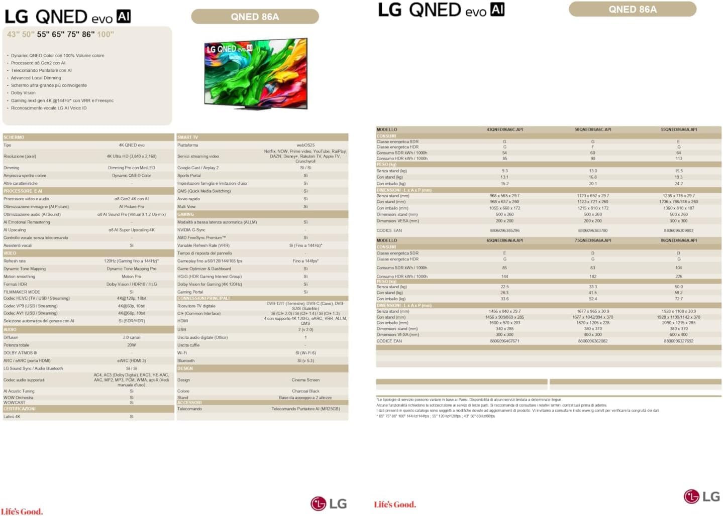 LG QNED evo AI 75 Pollici, Serie QNED86 2025 Smart TV 4K - 75QNED86A6A | Processore ?8 Gen2, Dimming Pro con MiniLED, WebOS, Telecomando Puntatore AI, Dolby Vision, Gaming VRR e FreeSync 4K@144Hz