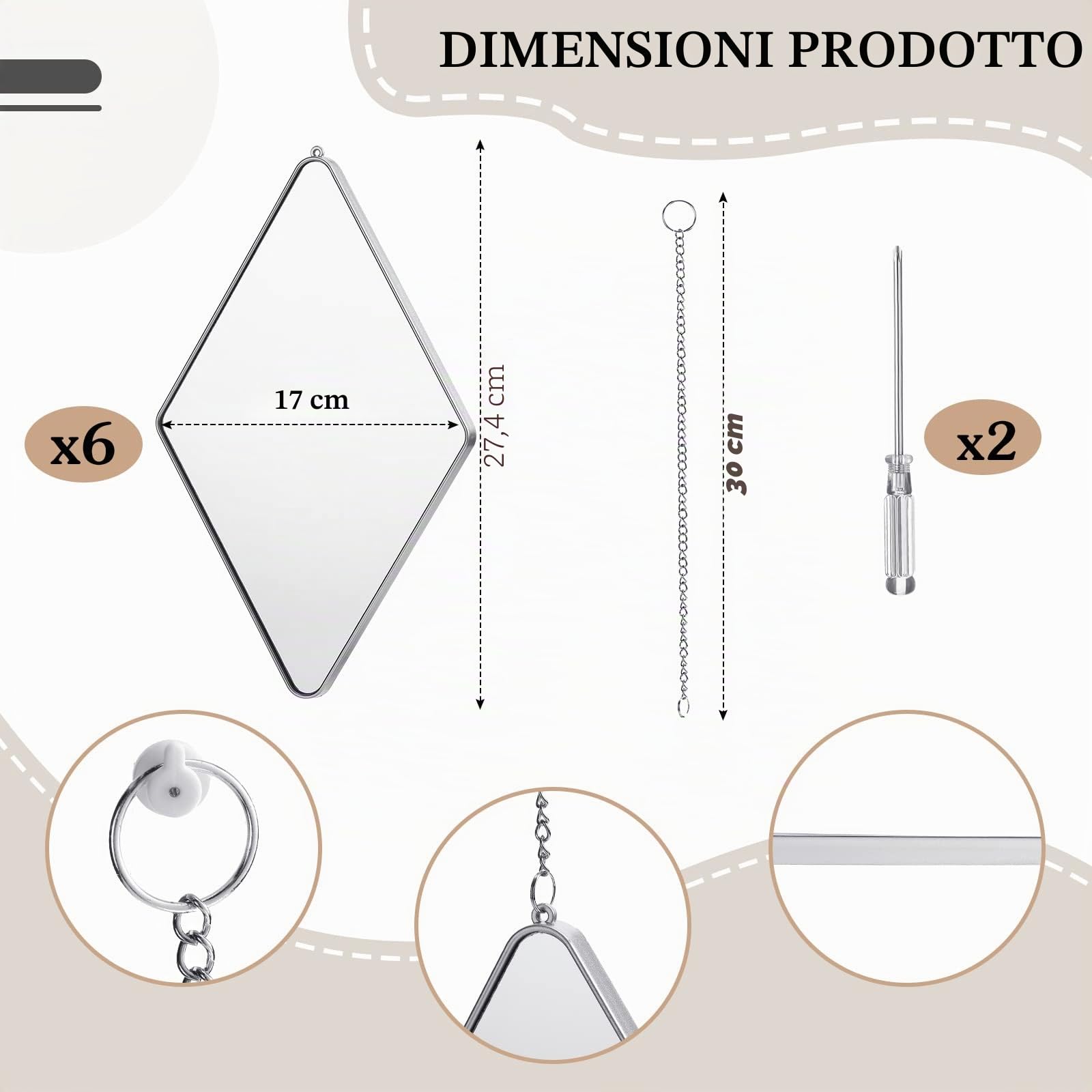 Namalu Set di 6 Decorazioni da Parete a Specchio con 2 Cacciaviti Specchi da Muro a Forma di Diamante con Catena Specchi Decorativi con Cornice in Argento da Appendere per Casa, 10,8 x 6,7 Pollici