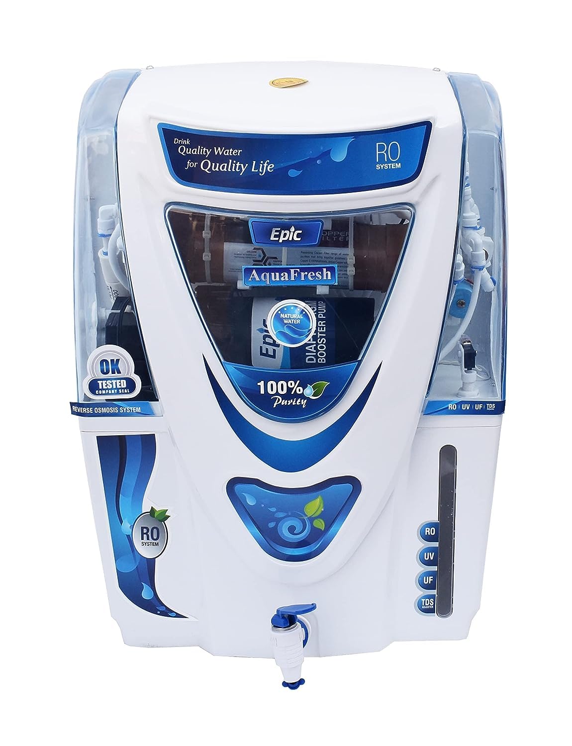 AQUAFRESH® Epic Model 15 L Ro + Uv + Uf + Copper Filter + Tds Water Purifier | 7 Stages Purification,Suitable For Borewell,Tanker,Municipal Water (White)