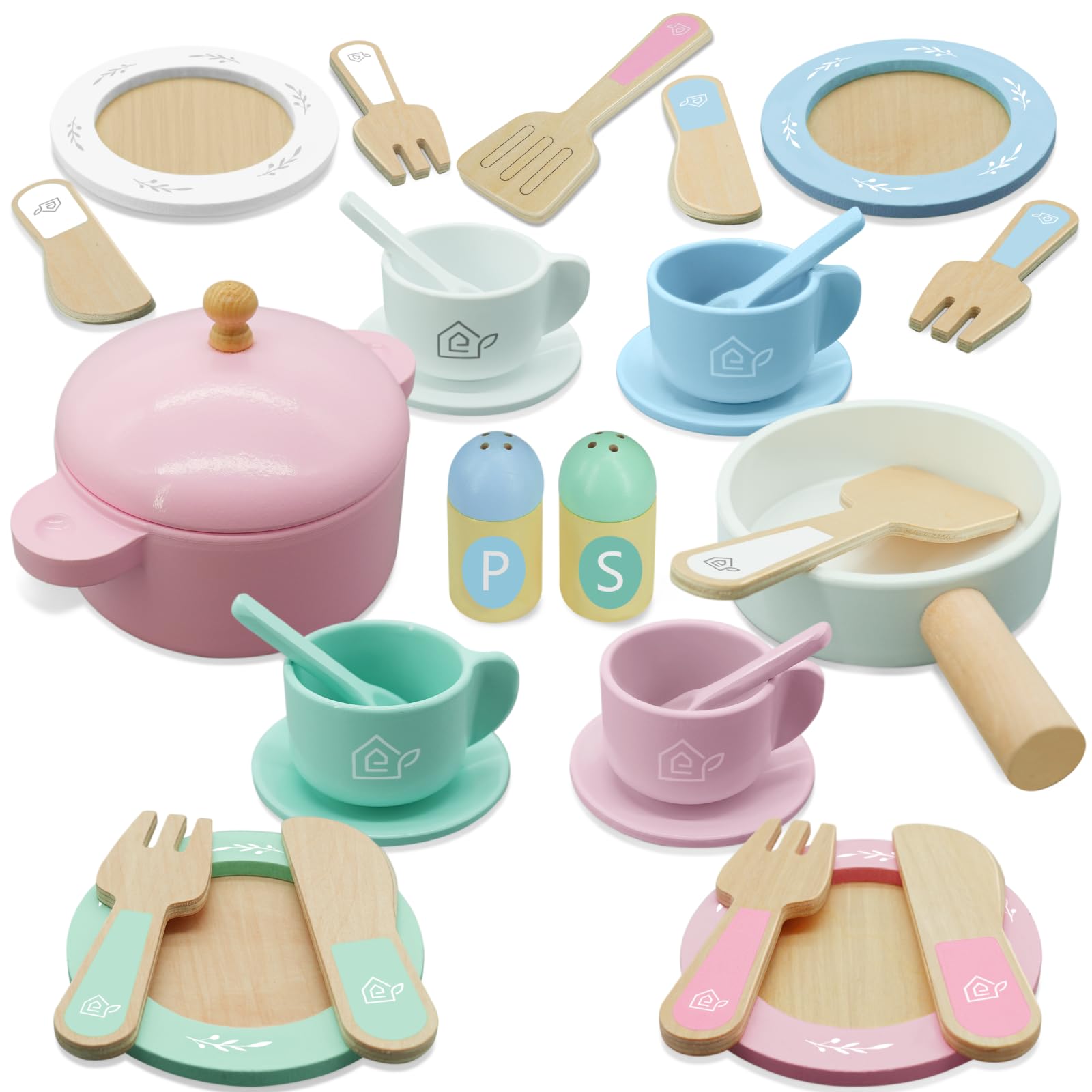 SimpliPlay Wooden Toy Plates and Dishes for Kitchen Set 30PCS Montessori Play Kitchen Accessories for Toddlers with Toy Pots and Pans Wooden Play Cooking Set for 3-8 Years Girls & Boys