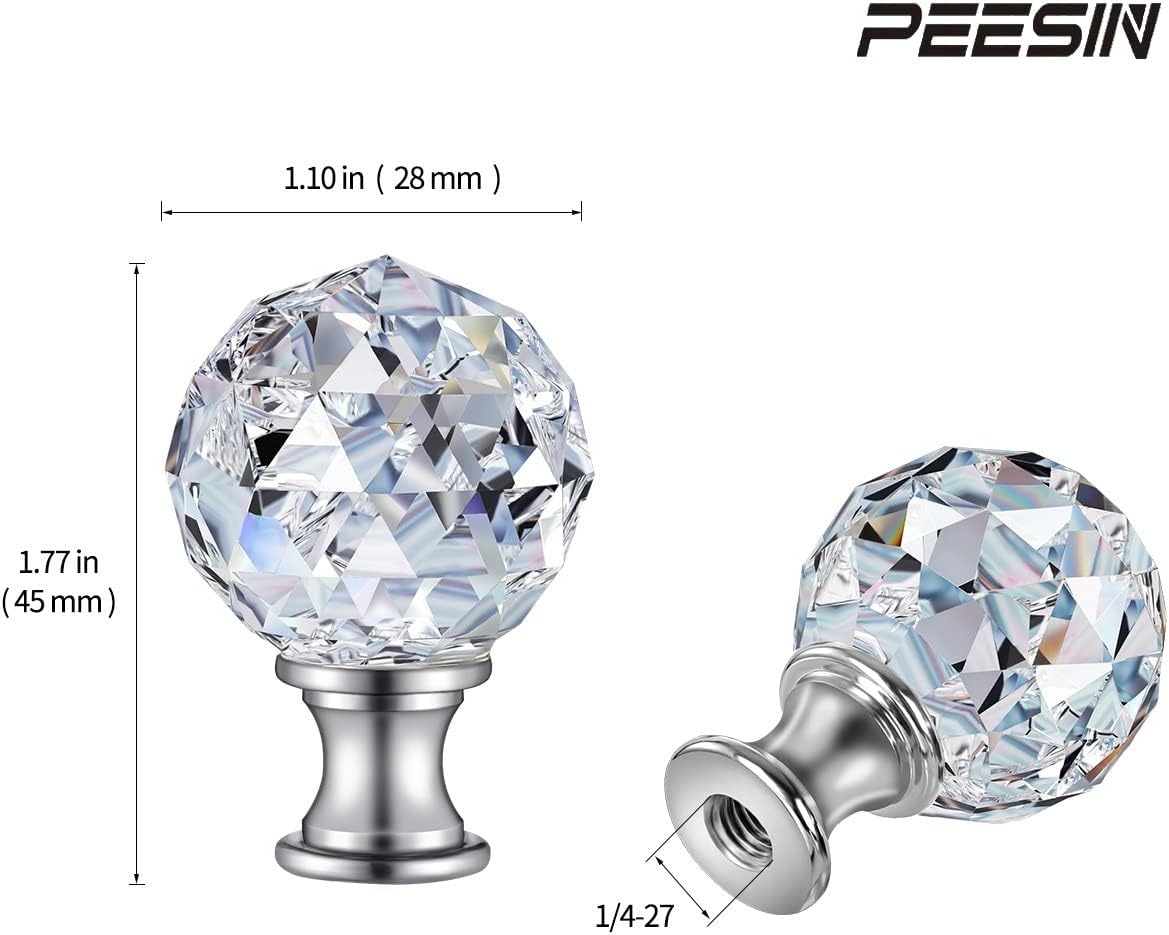 PEESIN 2 Pack Lamp Finials, 1/4-27 Inch Base Threaded Diamond Crystal Glass Lamp Shade Top Screw, Finials for Lamps with Silver Aluminum Base, Lamp Shade Finials Decorative for Table or Floor Lamps