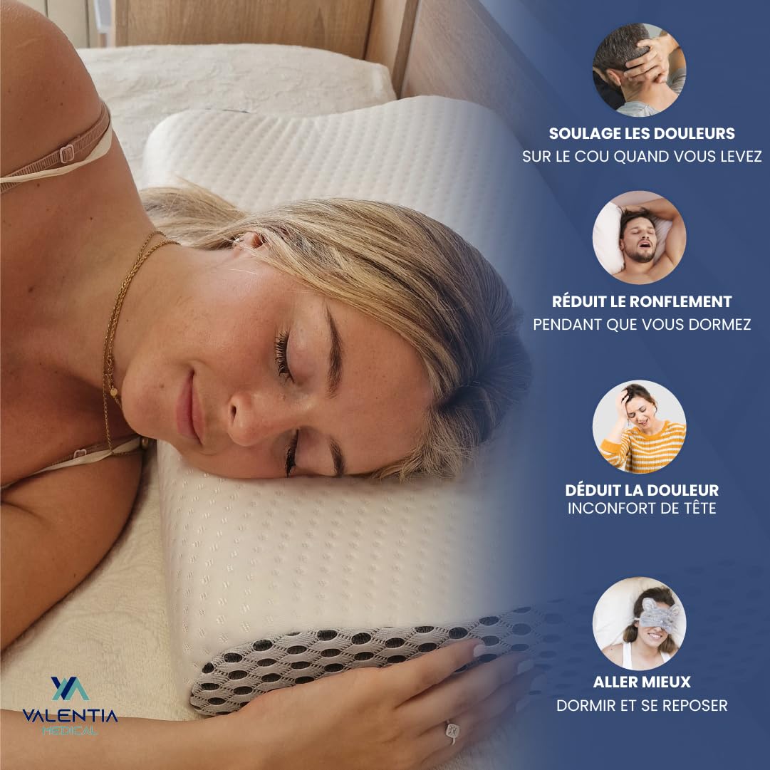 Oreiller Ergonomique Cervical 60x40 Cm, Hauteur 12 Cm, Oreiller Memoire Forme à L'Aloe Vera