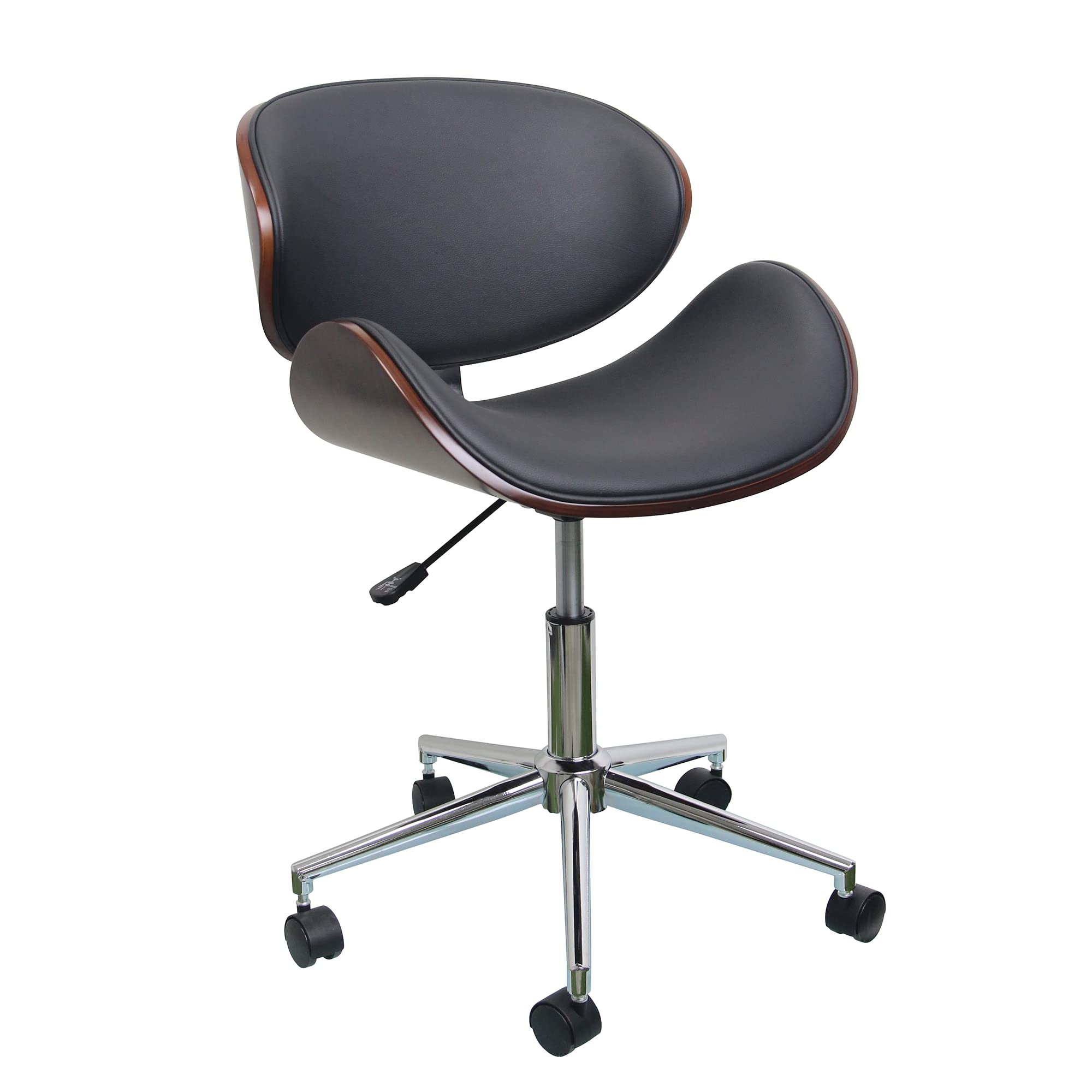 Fohfurniture Mid-Century Moderna Silla de Escritorio con Ruedas de Madera Curvada con tapicería de Piel sintética y Altura Ajustable (Wing, Negro)