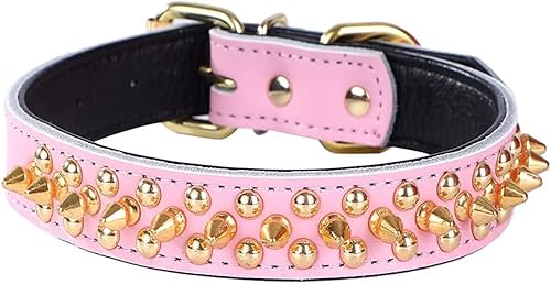 Miniatura 4 de Collares ajustables de piel auténtica con tachuelas para perros pequeños, medianos y grandes, Pit Bull, Bulldog, Pugs, Husky (S, marrón 1)