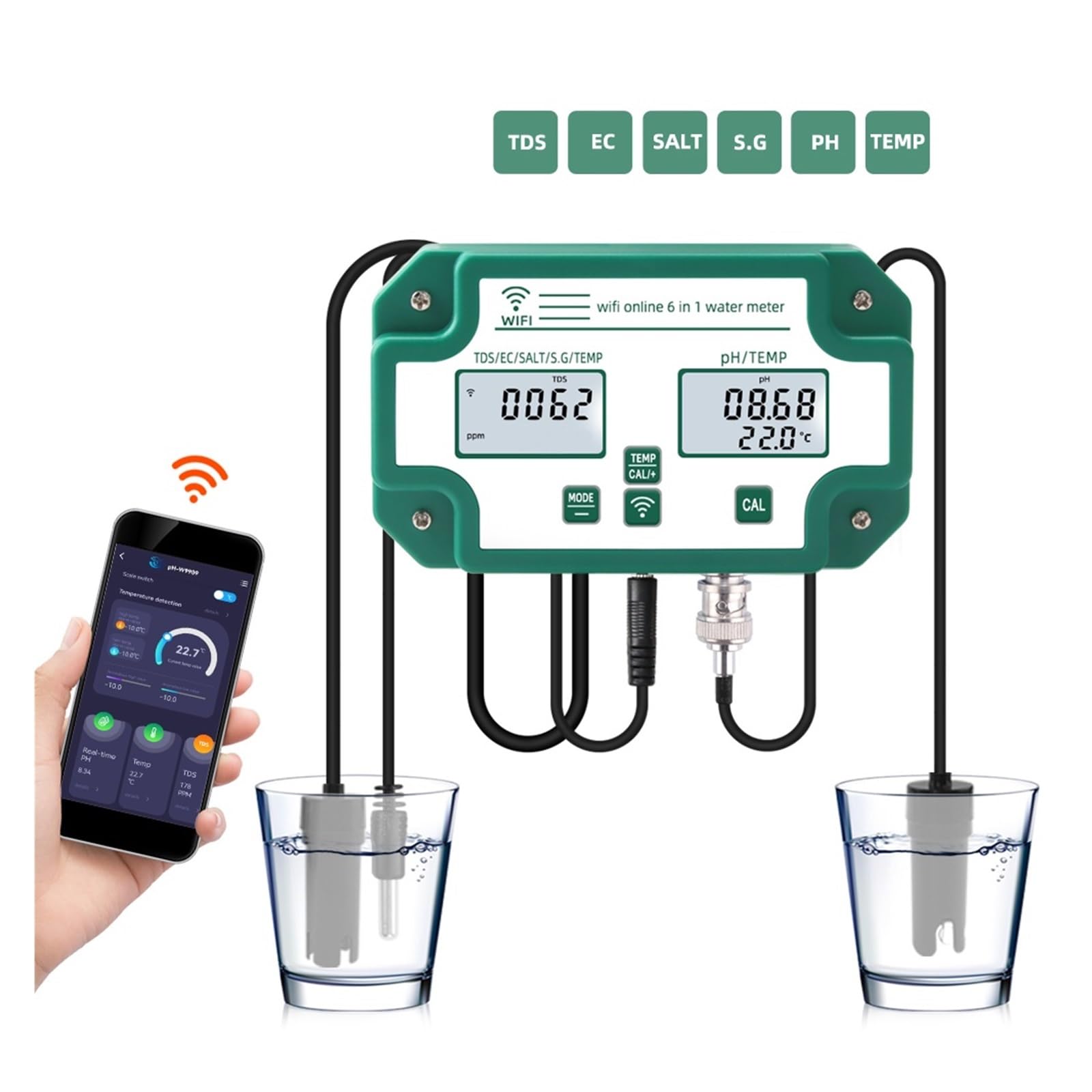 pH Mètre Compteur numérique PH EC TDS SALT SG.Temp, testeur de qualité de l'eau, enregistreur de données, moniteur intelligent 6 en 1, contrôle par application Tuya pour Hydroponie, Jardin, Piscine, A