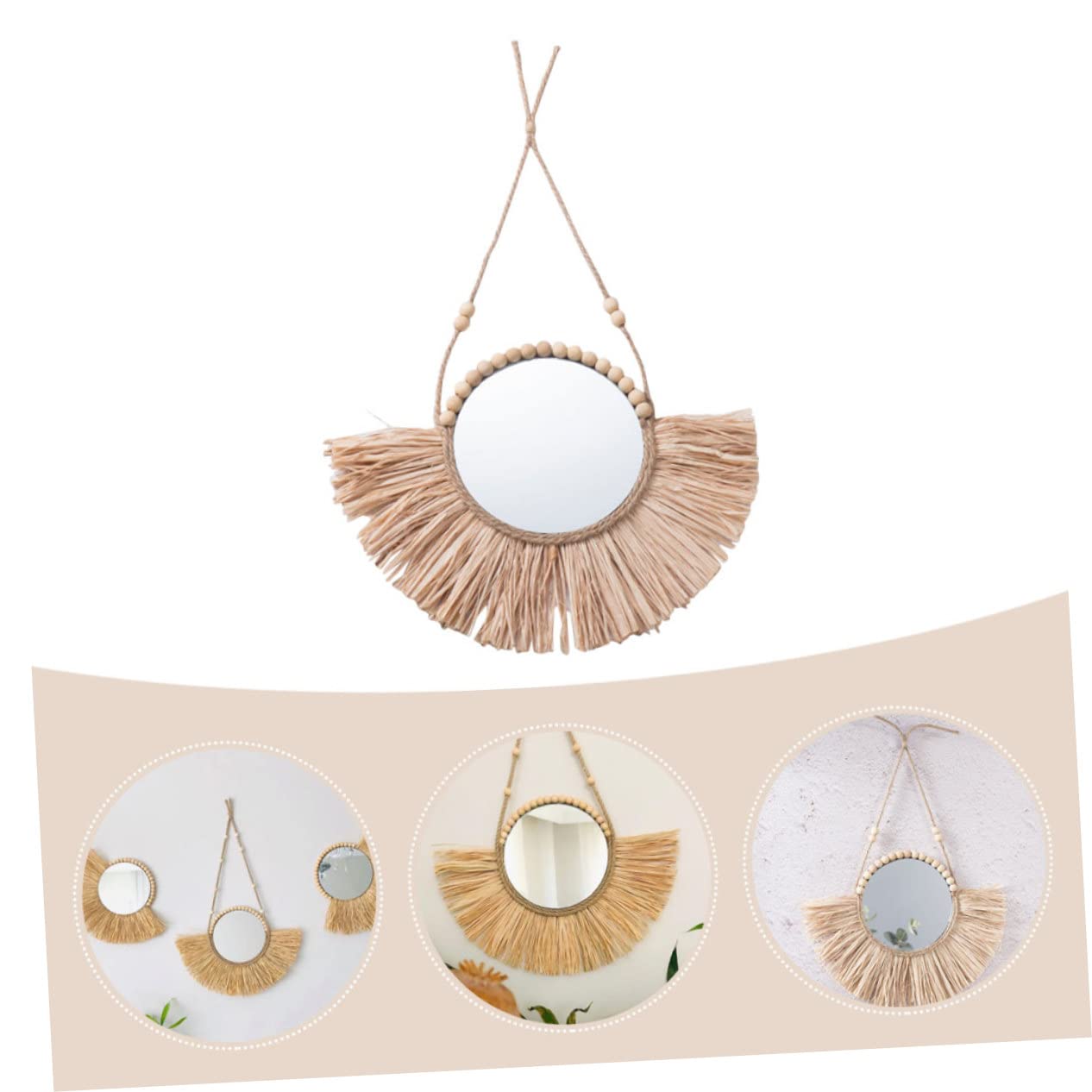LIFKOME Handgefertigter Runder Wandspiegel mit Bastdesign, Beige, Dekorativ