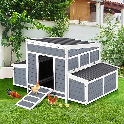 AECOJOY 56' Chicken Coop, Large Wooden Chicken House with 6 Nesting Boxes, Outdoor Hen House Chicken Hutch, Poultry Pet Cage for Lawn Backyard
