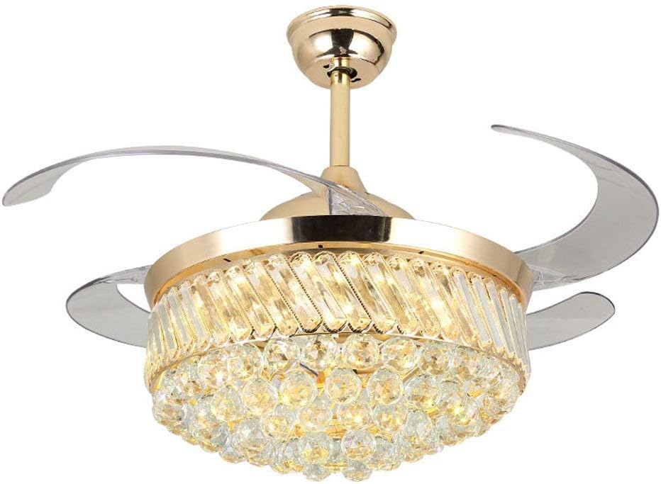 42 Inch Retractable Reversible Ceiling Fan Chandelier with Romote Control LED Light, Invisible Ceiling Fan for Living Room Bedroom, Indoor Crystal Ceiling Light Kits with Fans (Gold)