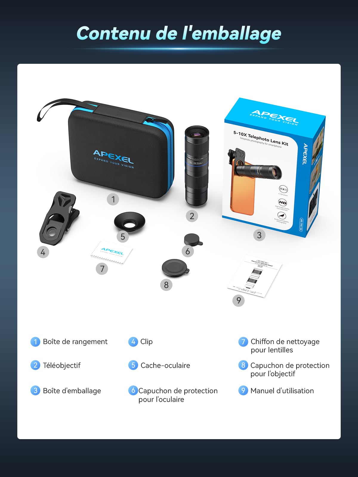 APEXEL TeleZoom 5-10X, objectif zoom téléobjectif 5-10x 150-300 mm, clip universel pour téléphones portables, optique multicouche, compatible avec iPhone Samsung Huawei