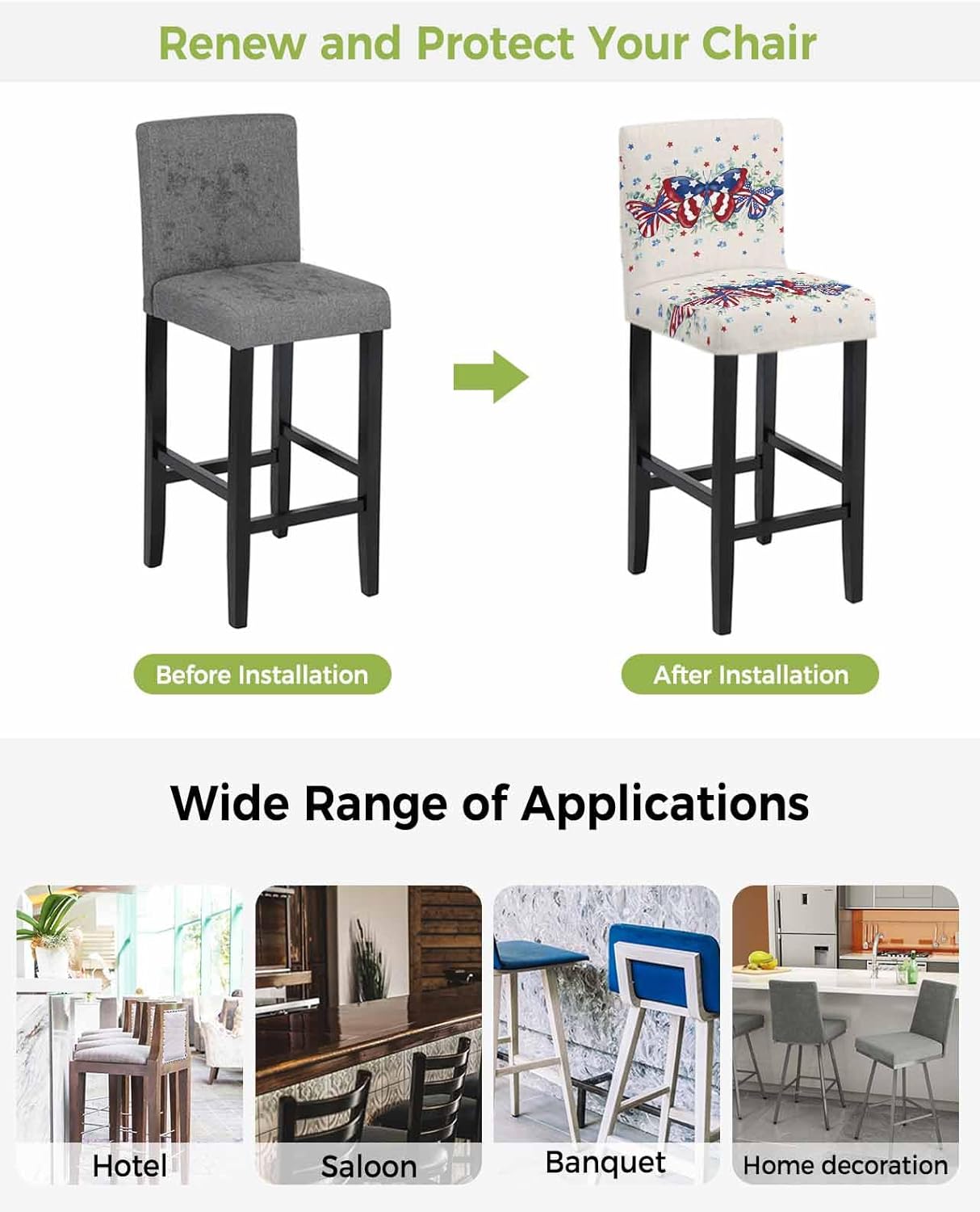 Bar Chair Stool Covers Set of 4, 4th of July Butterfly Stretch Washable Removable Bar High Chair Cover, Blue Red Star Farmhouse Botanical Elastic Bar Chair Protector for Kitchen/Restaurant