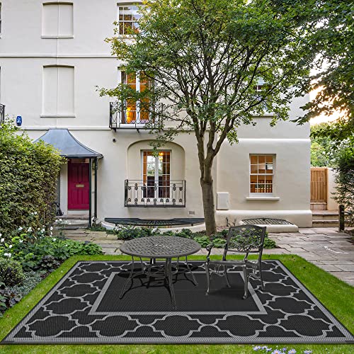 Genimo Outdoor Rug 4'X6' 9'X12' For Patio, Reversible Plastic Waterproof Rv Rugs, Clearance Large Mat, Porch, Camping, Picnic, Deck, Camper, Balcony, Black & Gray #TOP2