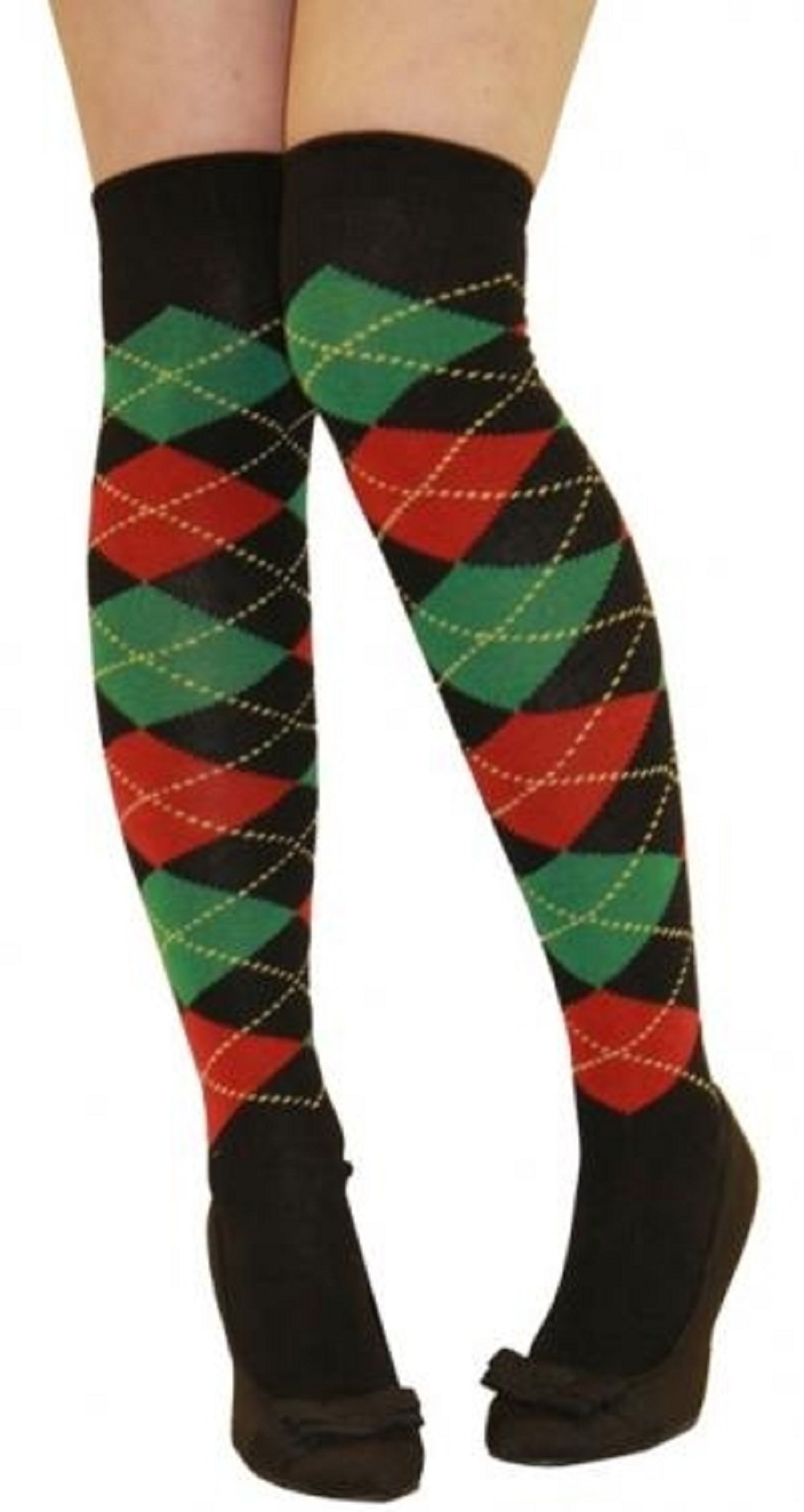 Argyle Over The Knee Socks Ladies Thigh High Diamond Check Pattern Golf Socks 4-6 (Black Red & Green Argyle)