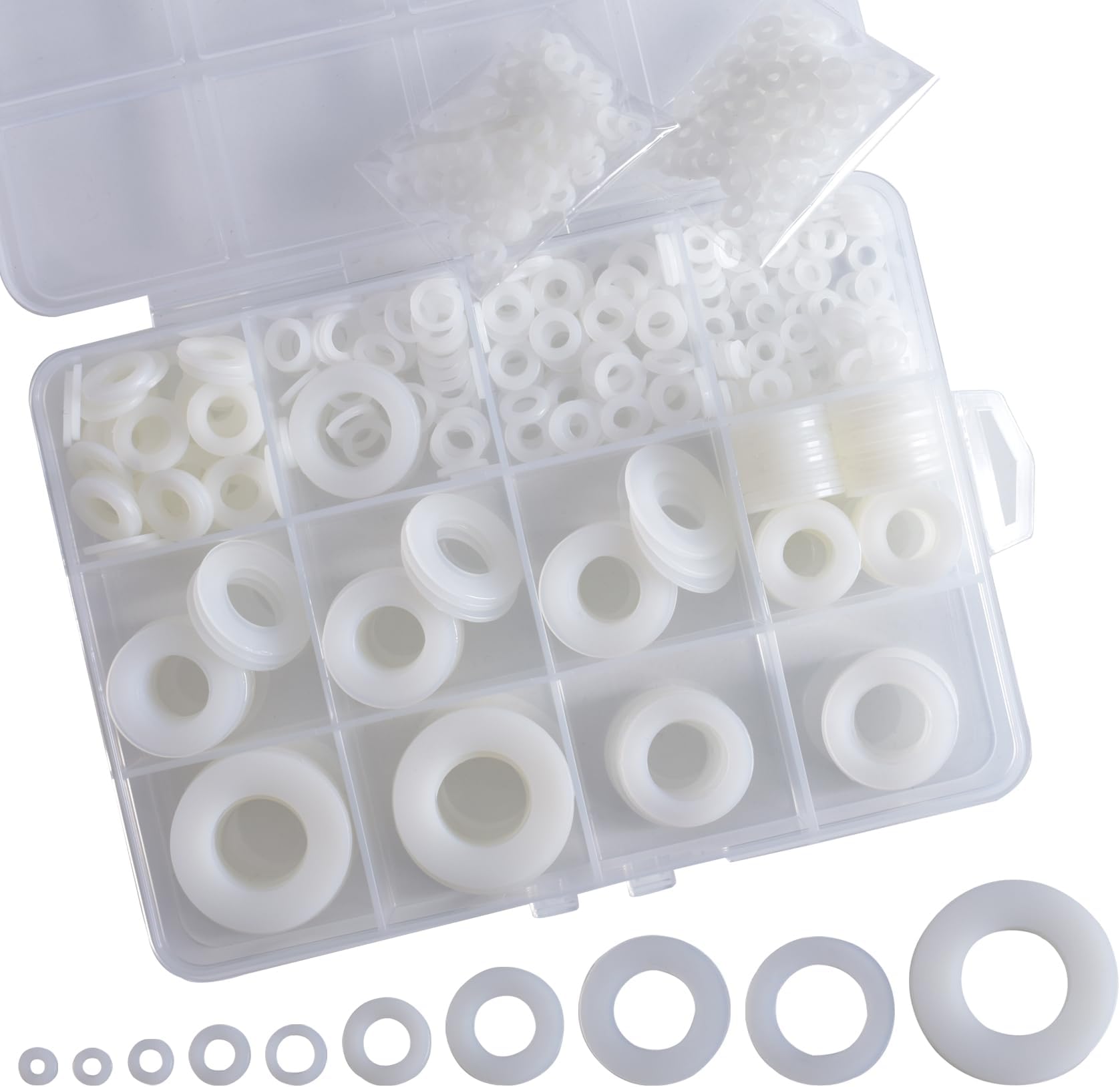 OURUI 600Pcs 10 Sizes Nylon Flat Washers for Screw Bolts, Plastic Round White Washer Assortment Kit for Electrical Connections Household Commerical Appliances, M14 M12 M10 M8 M6 M5 M4 M3 M2.5 M2