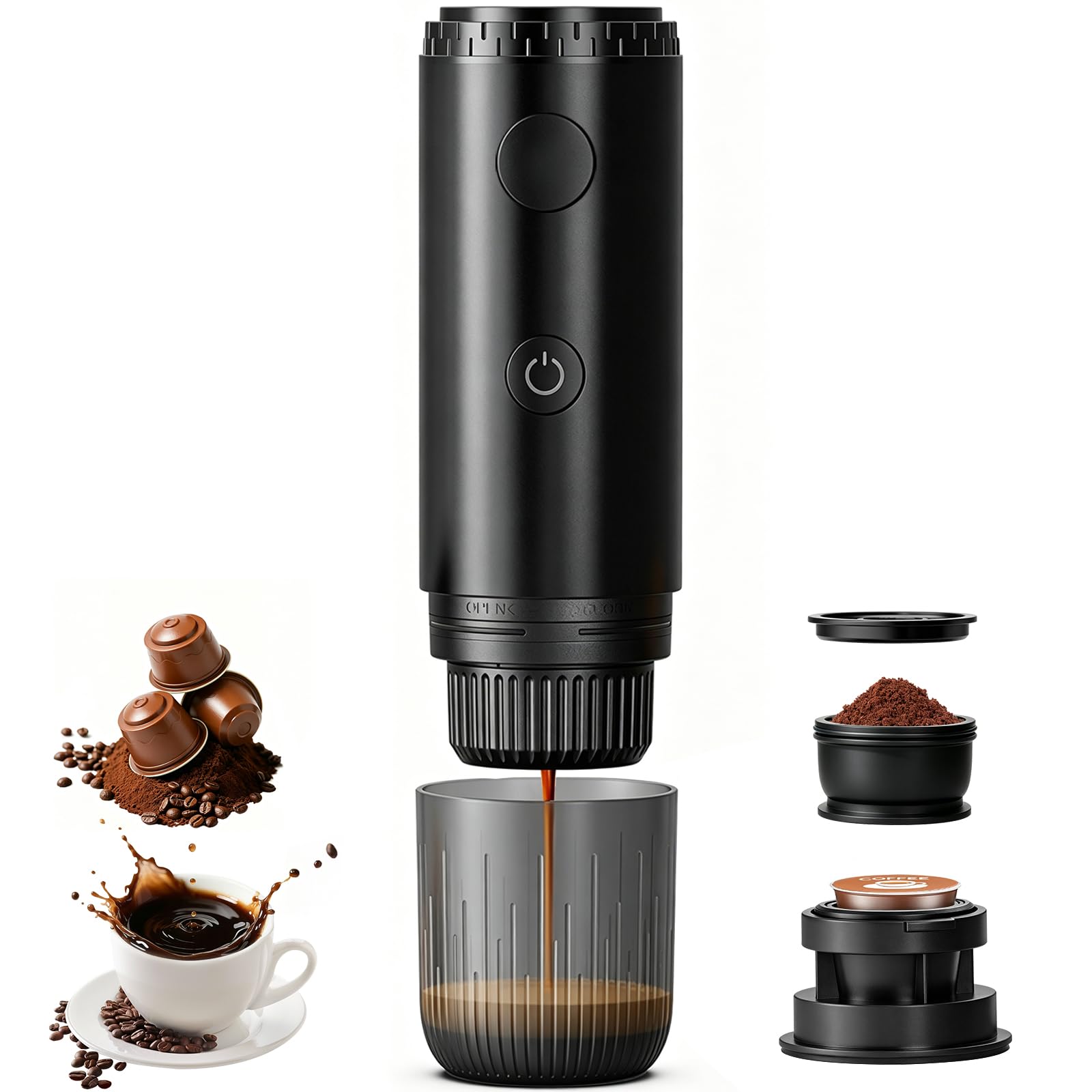 Swetfela Portable Coffee Maker, 2-in-1 Portable Coffee Maker for Ground Coffee & NS Capsule, Self Heating 19 Bar Portable Coffee Machine, Travel Espresso Maker for Camping Car Office USB-C