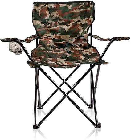 La silla de camping plegable Acan Tradineur en camuflaje ofrece comodidad y practicidad. Fabricada en acero y poliéster, incluye reposabrazos, portavasos y bolsa de transporte. Ideal para acampadas, pesca y jardín, soporta hasta 90 kg.