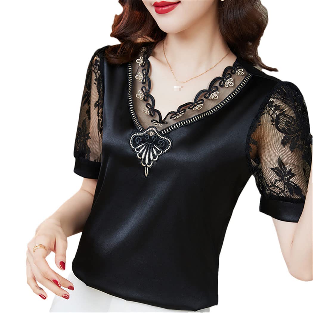 FULBHPRINT Blusa de encaje de satén con cuello en V para mujer, de manga corta, de malla de flores