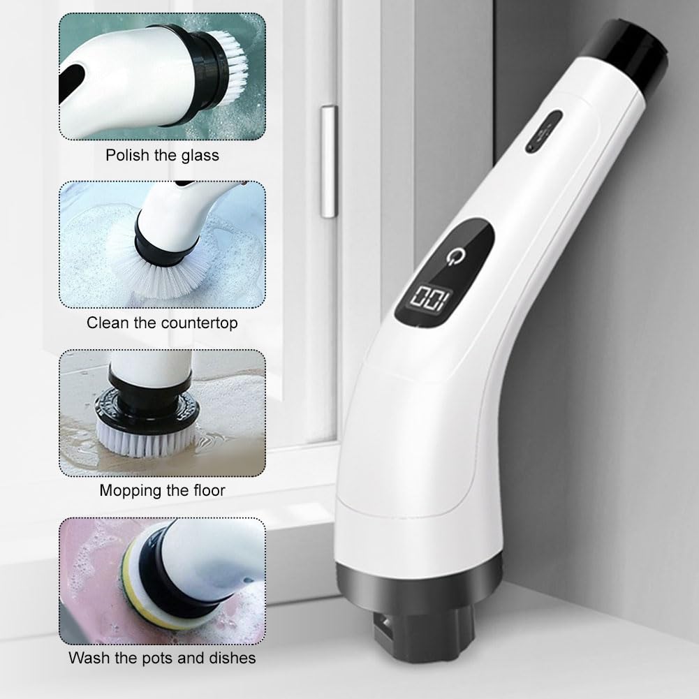 Cepillo eléctrico giratorio con 7 cabezales de cepillo reemplazables, cepillo de limpieza inalámbrico con mango extensible, limpiador eléctrico para baño, bañera, azulejos, suelo