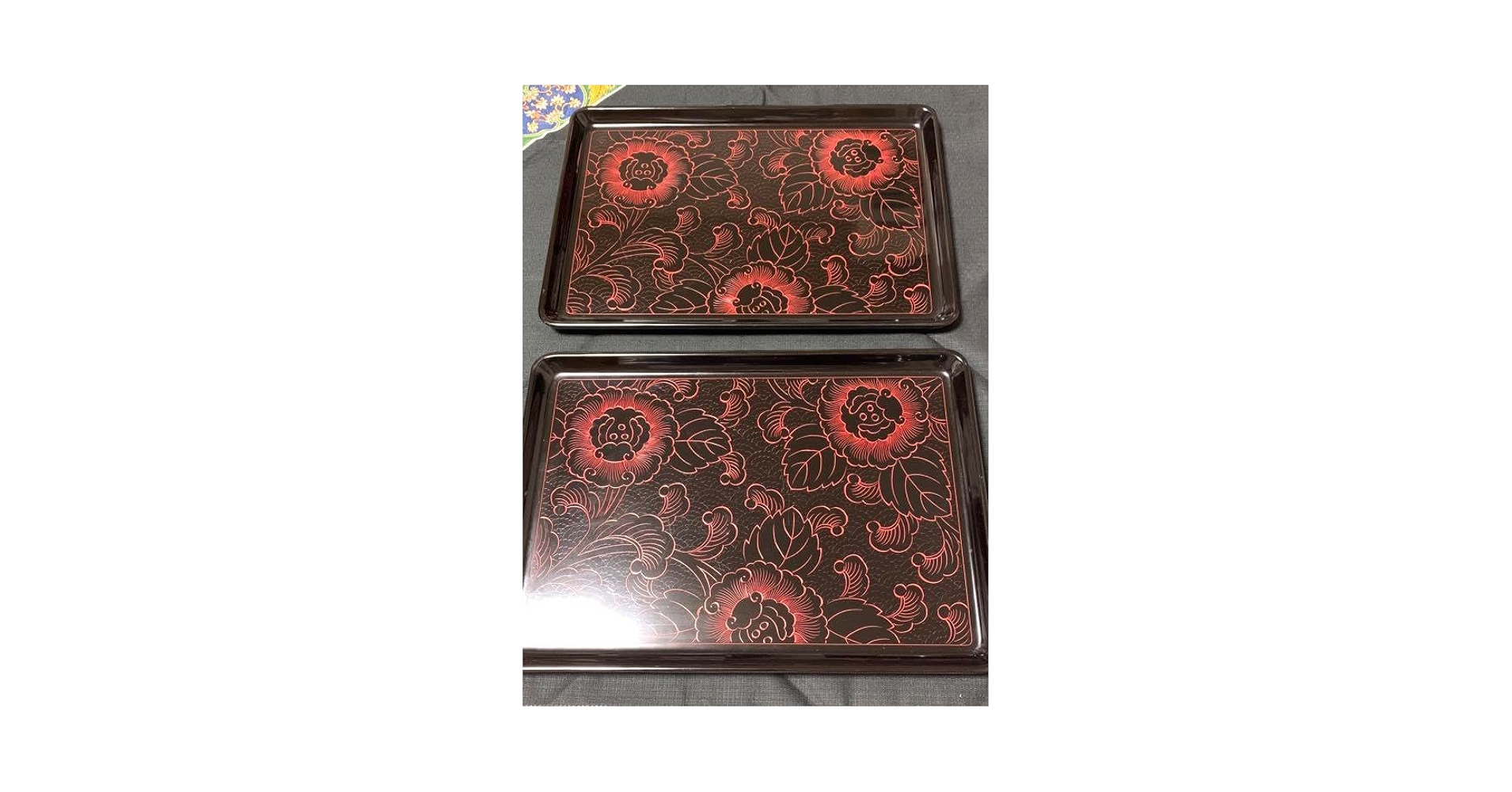 Amazon｜漆黒 沈朱牡丹 一膳盆 長方形 2点｜トレイ・盆