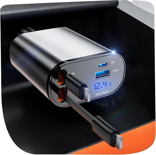 Retractable Car Charger, 4 in 1 Fast Charging 69W, Cigarette Lighter Adapter 2 Retractable iPhone Cables and USB Car Charger,Compatible with iPhone 15/14/13/12/11,Galaxy,Pixel