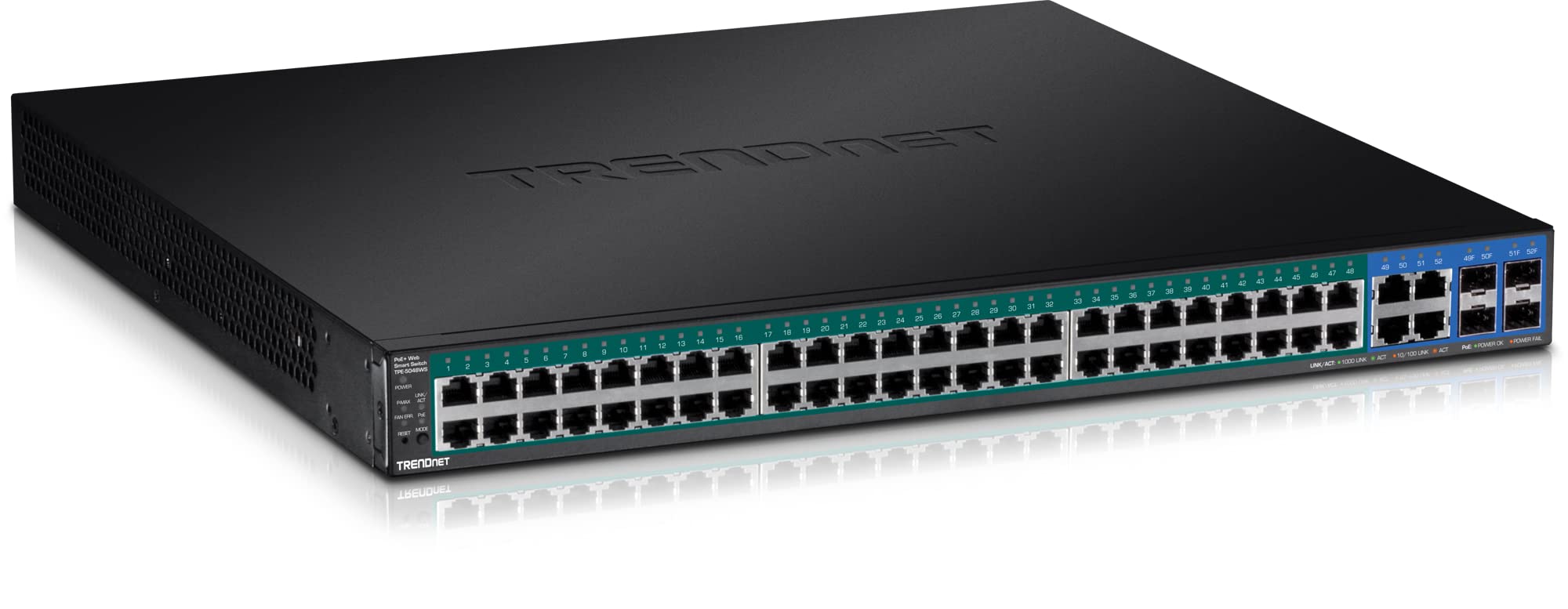 TRENDnet 52-Port Web Smart PoE+ Switch, 48 x Gigabit PoE+ Ports, 4 x Shared Gigabit Ports (RJ-45 or SFP), VLAN, QoS, LACP, IPv6 Support, 740W PoE